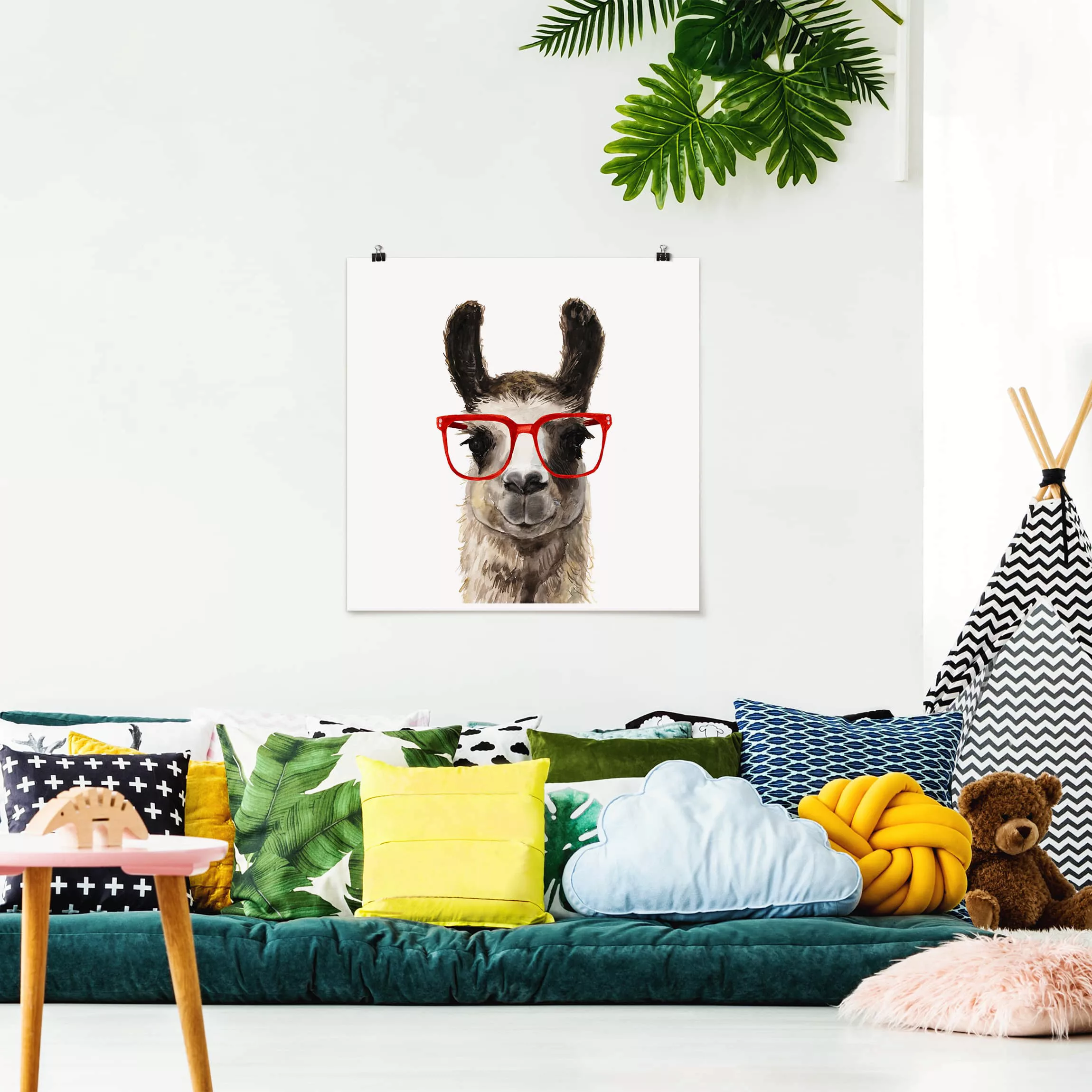 Poster Tiere - Quadrat Hippes Lama mit Brille II günstig online kaufen