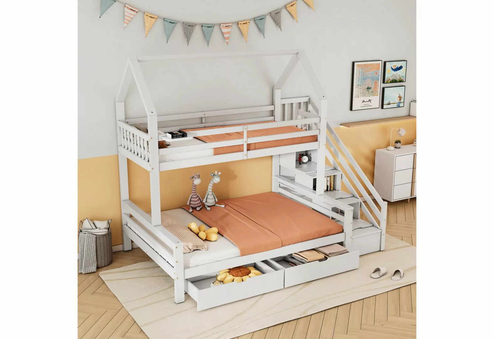 OKWISH Etagenbett Holzbett, mit Leiter, mit Schubladen und einem Regal (mit günstig online kaufen
