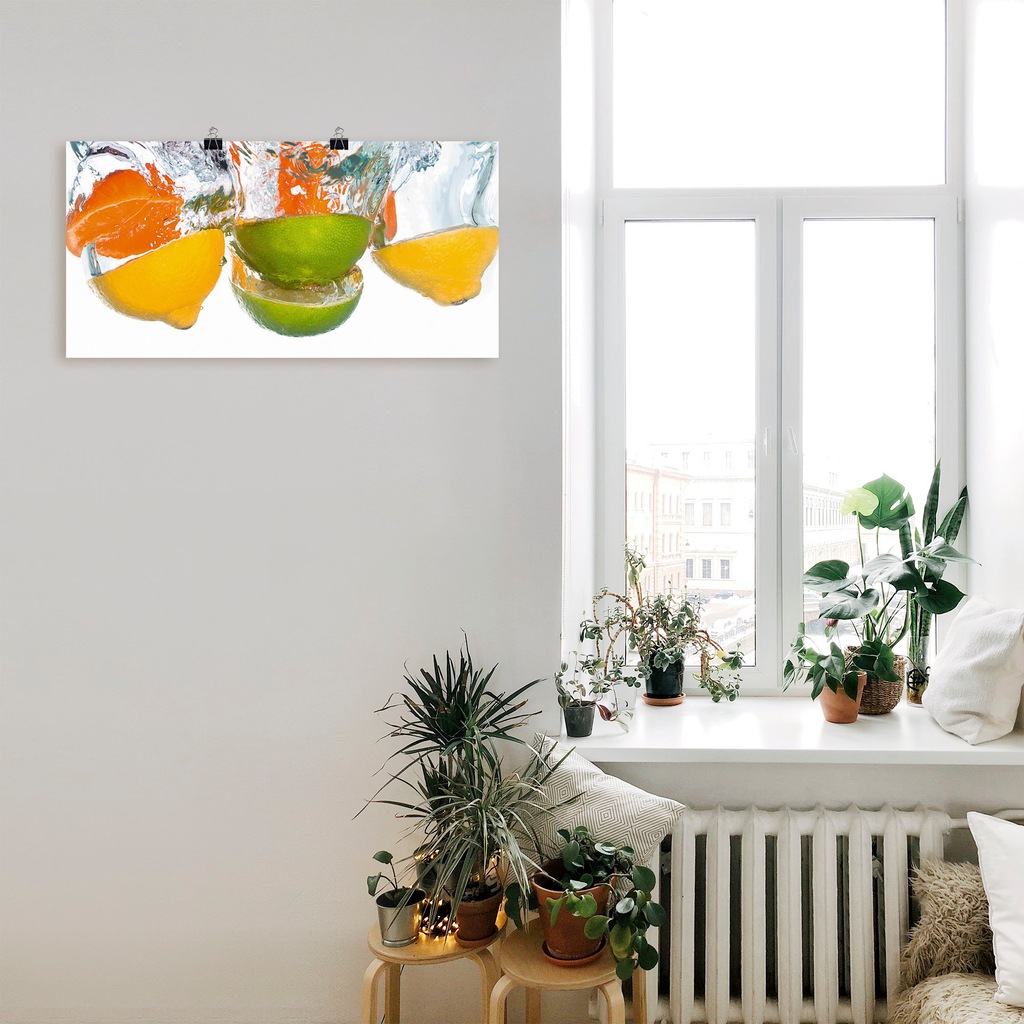 Artland Wandbild »Zitrusfrüchte fallen in klares Wasser«, Lebensmittel, (1 günstig online kaufen