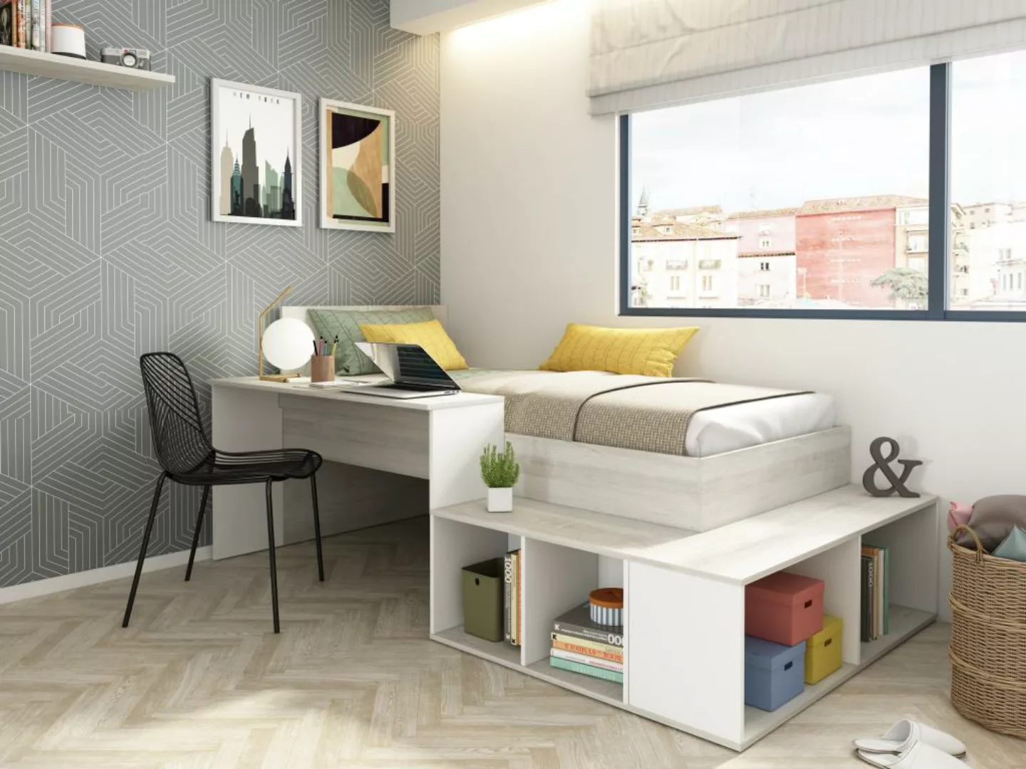 Kombi-Bett mit Stauraum und Schreibtisch - 90 x 200 cm - Grau und Weiß - RI günstig online kaufen