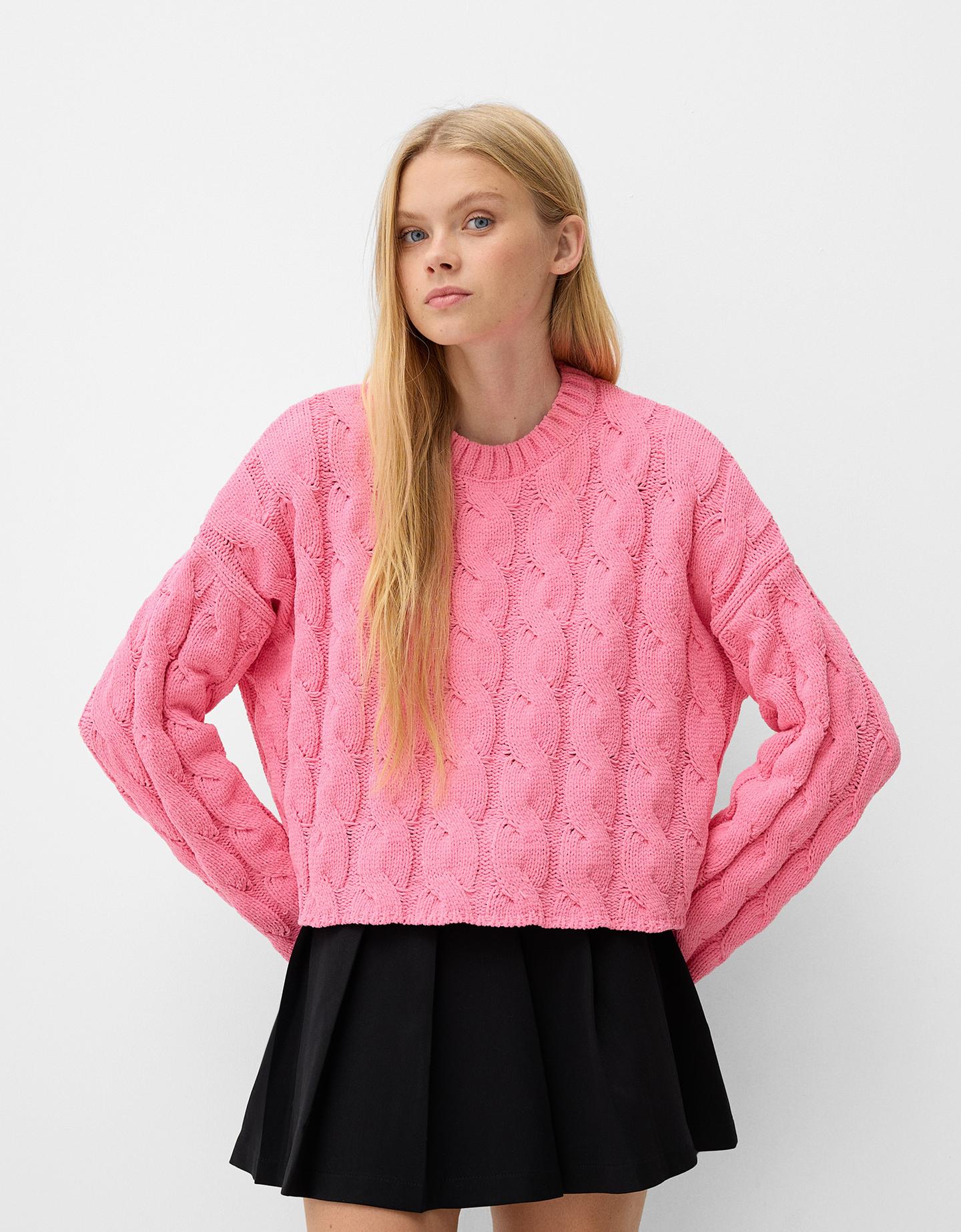 Bershka Chenillepullover Mit Flechtmuster Damen S Rosa günstig online kaufen