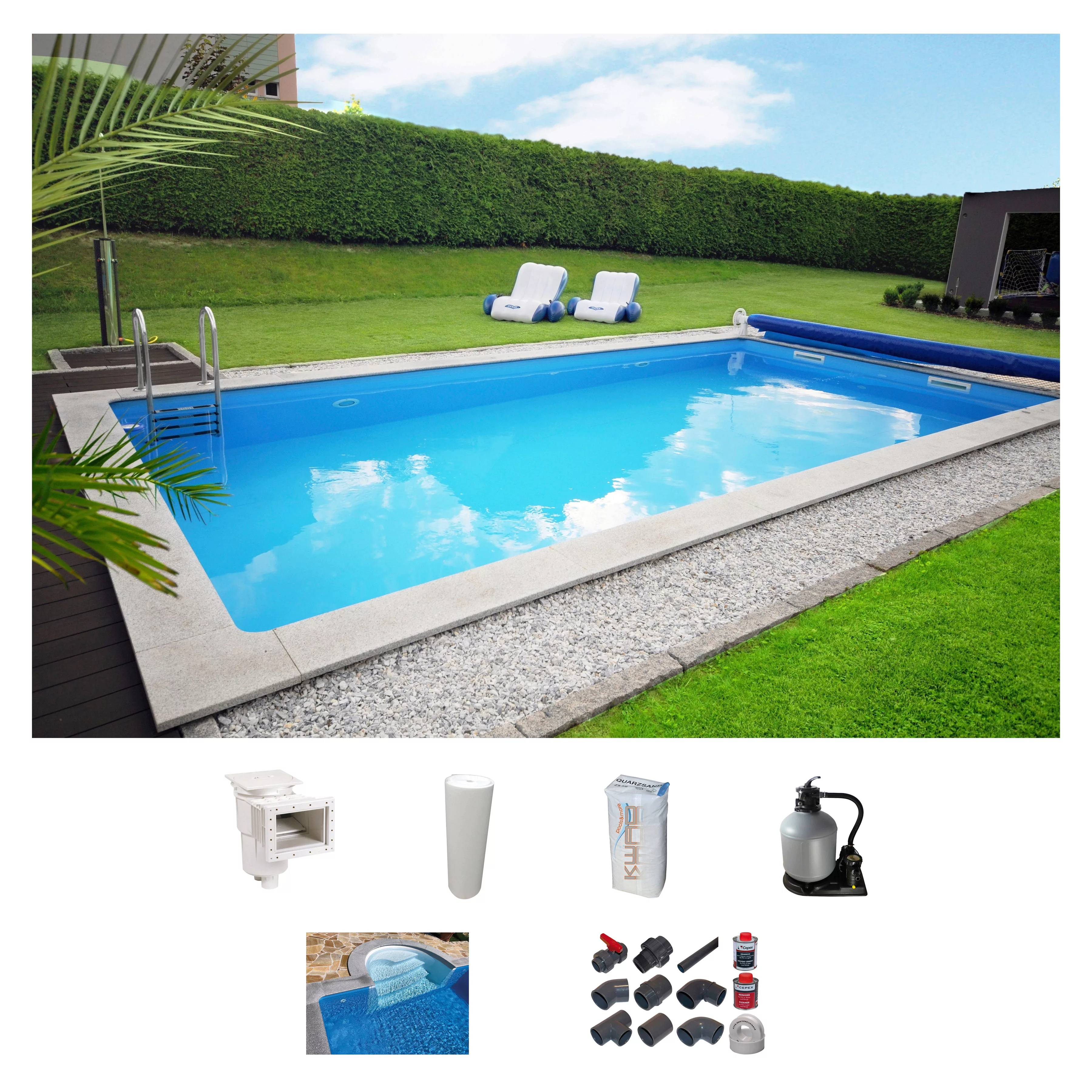 KWAD Rechteckpool "mit Römertreppe", (Set), 8x4, 7x3,5 oder 6x3m Höhe: 1,50 günstig online kaufen