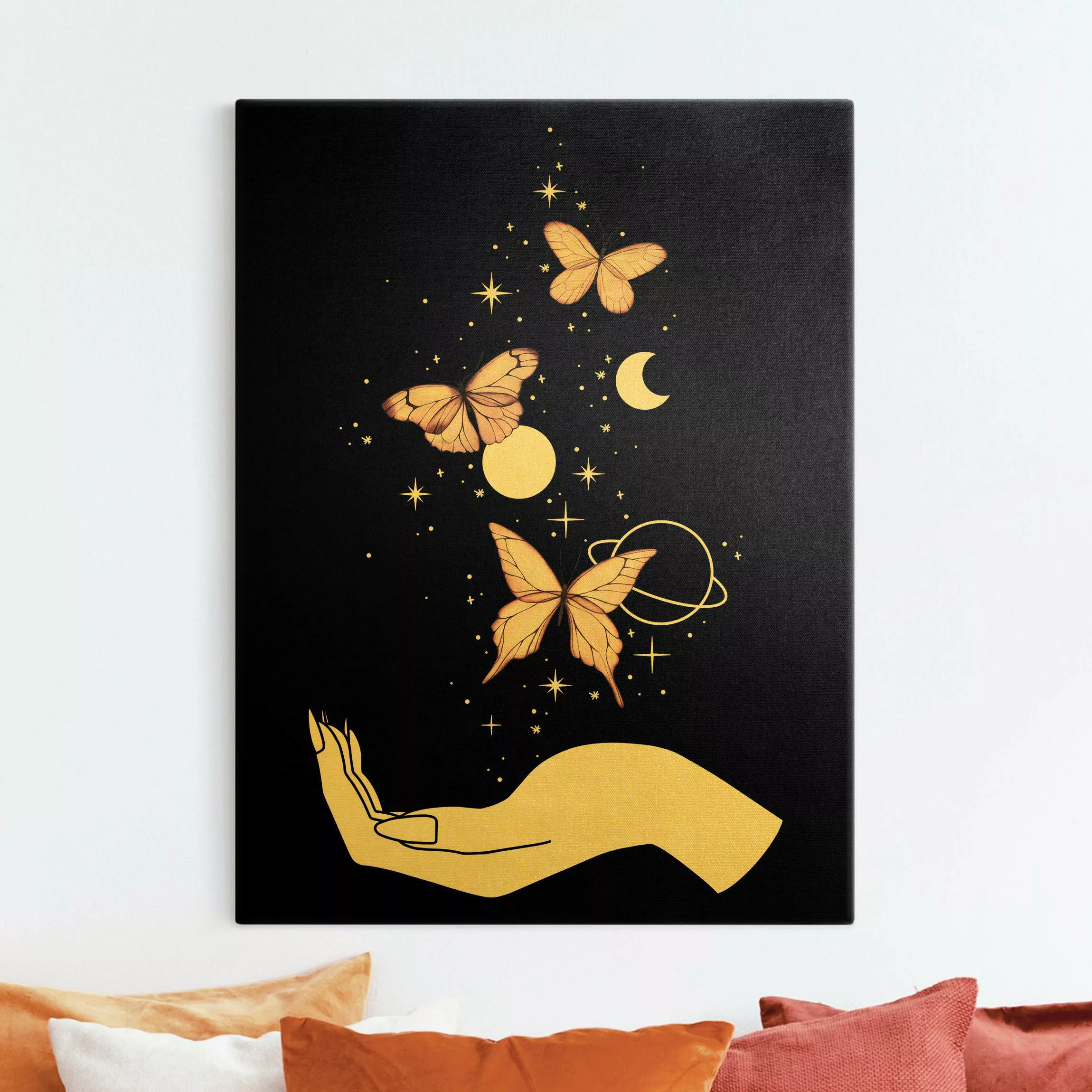 Leinwandbild Gold Zaubernde Hand - Schmetterlinge Rosa günstig online kaufen