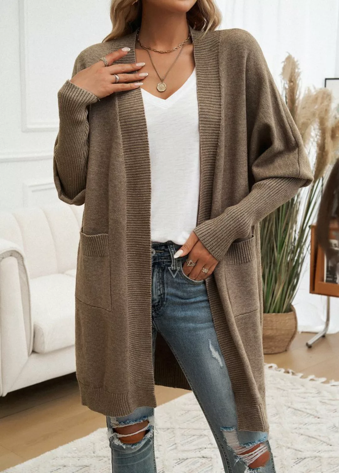 DEBAIJIA Cardigan Damen Cardigan Vorderseite mit Taschen Einfarbig Gestrick günstig online kaufen