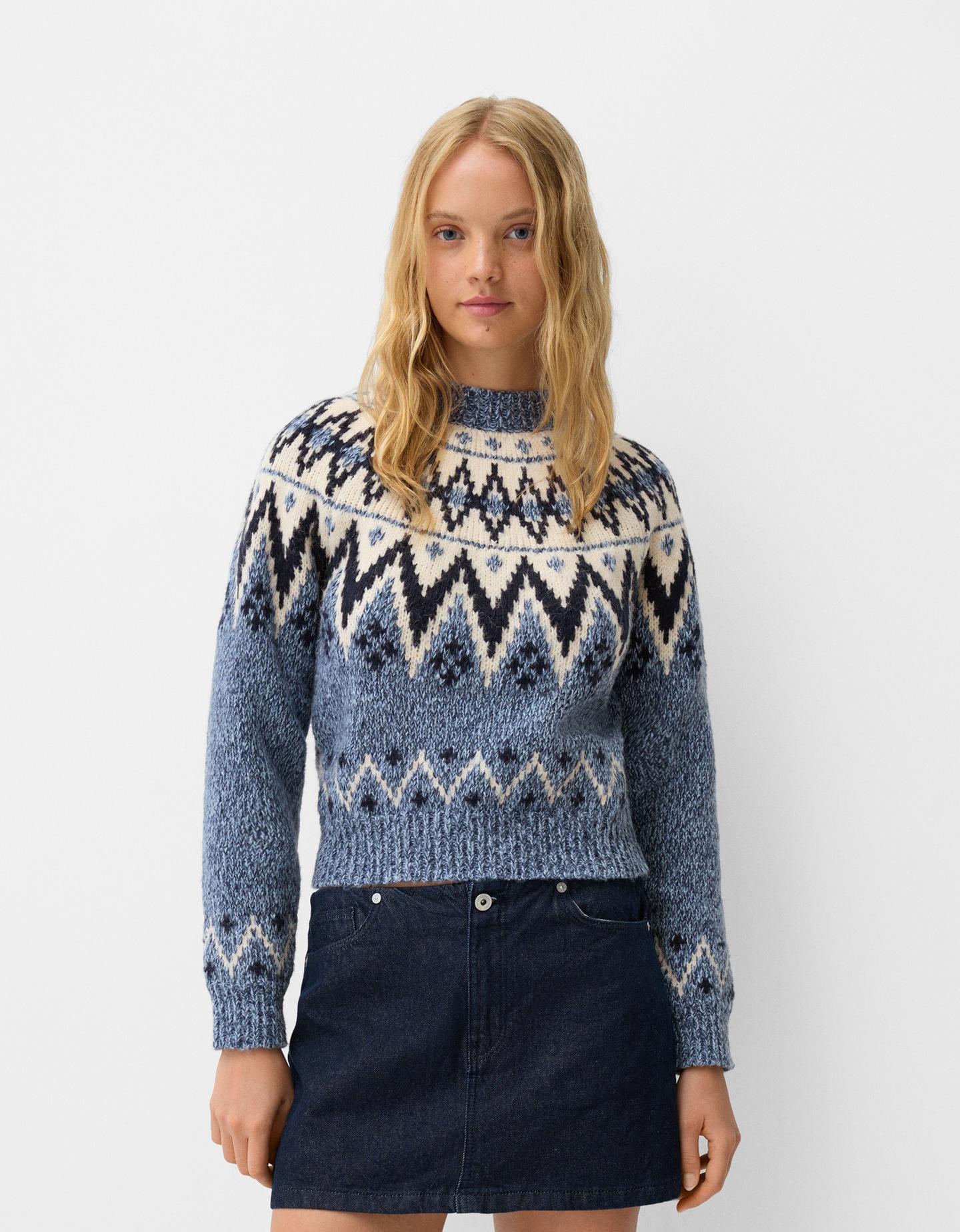 Bershka Pullover Aus Jacquard Mit Print Damen L Blau günstig online kaufen