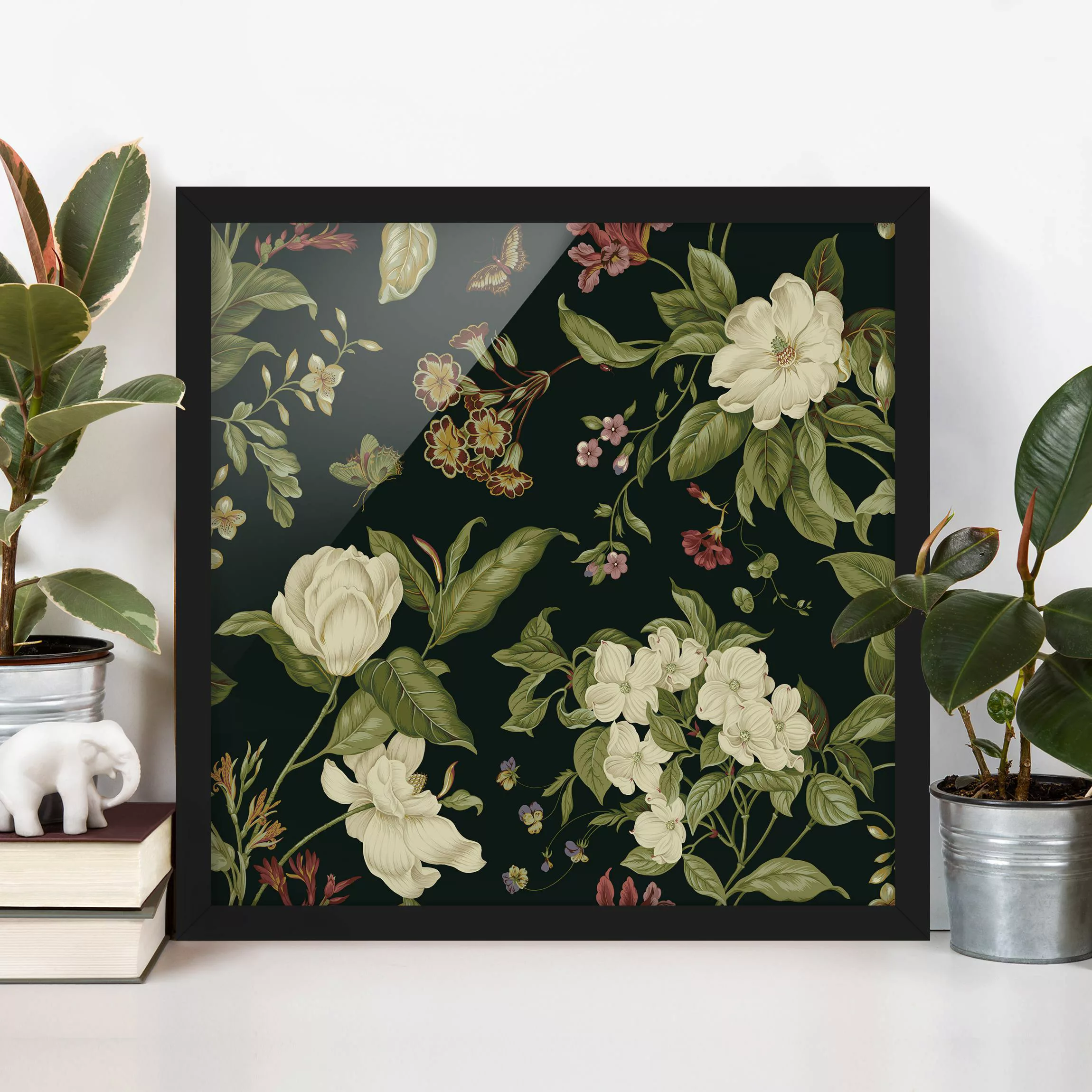 Bild mit Rahmen Blumen - Quadrat Gartenblumen auf Schwarz I günstig online kaufen