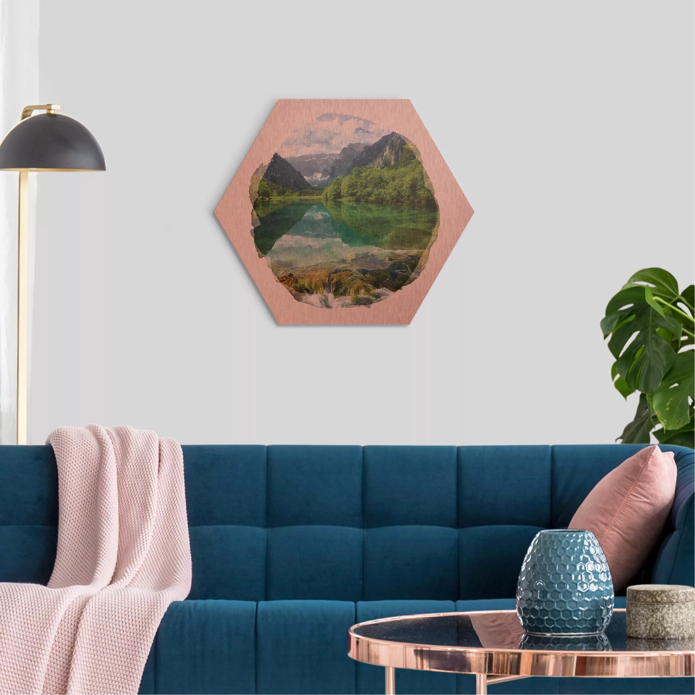 Hexagon-Alu-Dibond Bild Natur & Landschaft Wasserfarben - Bergsee mit Spieg günstig online kaufen