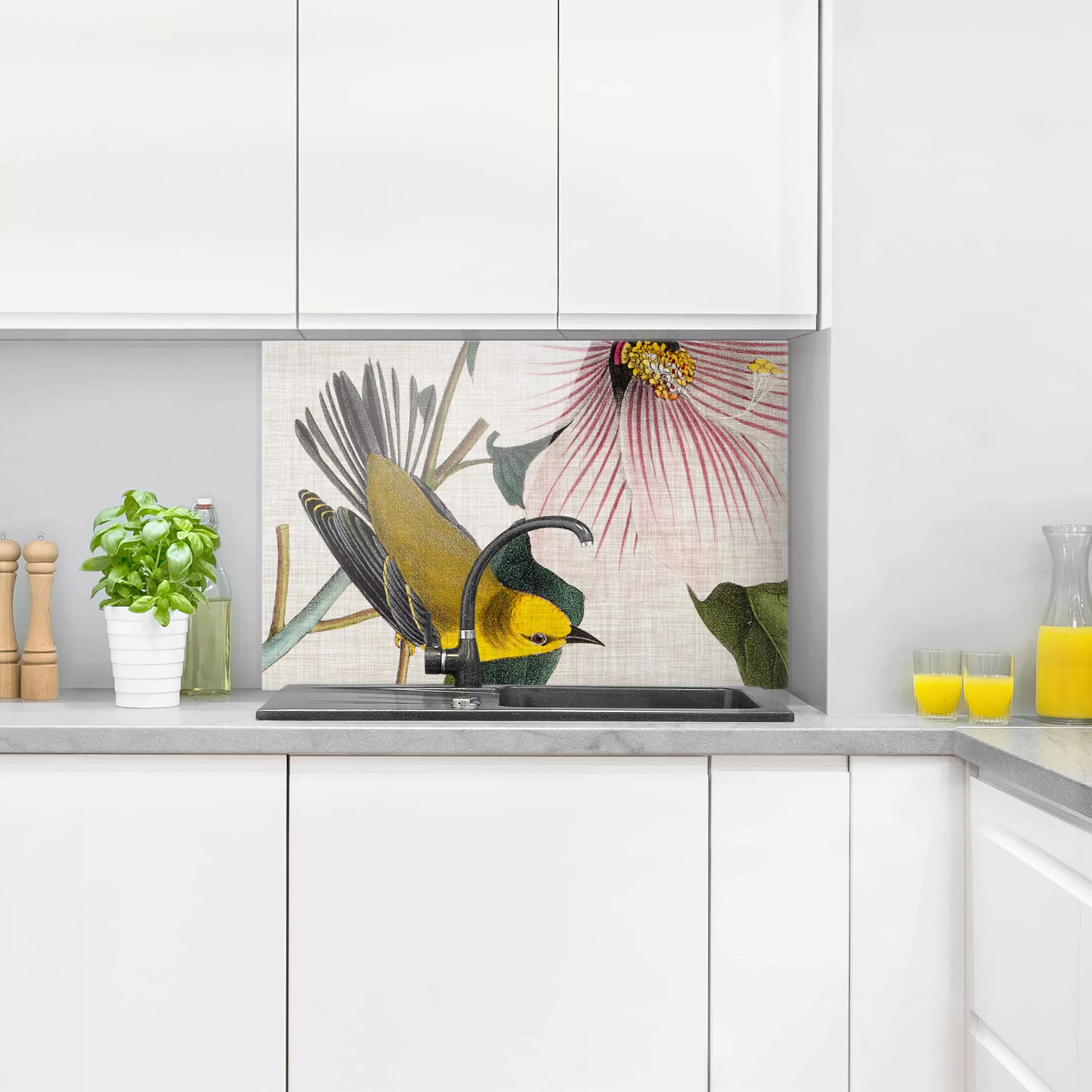 Glas Spritzschutz Blumen - Querformat 3:2 Vogel auf Leinen Gelb I günstig online kaufen