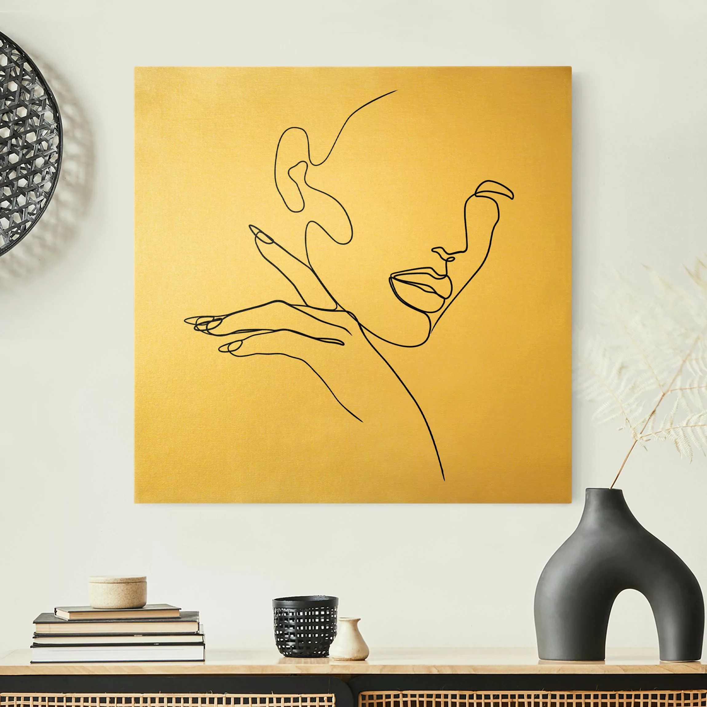 Leinwandbild Gold Line Art Frau Portrait Schwarz Weiß günstig online kaufen