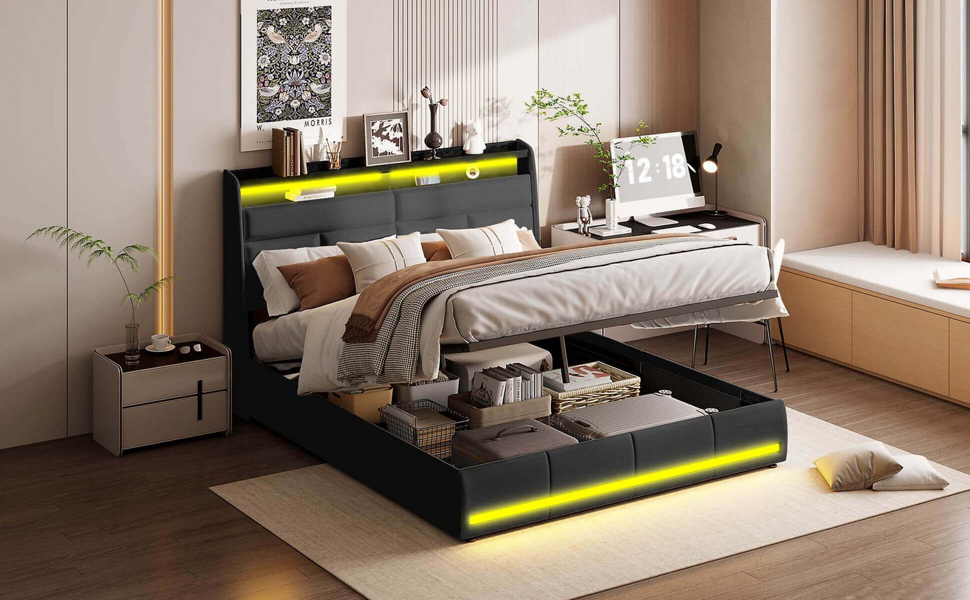 Furnishings Home Polsterbett Doppelbett + Stauraum + LED-Licht + USB-Anschl günstig online kaufen