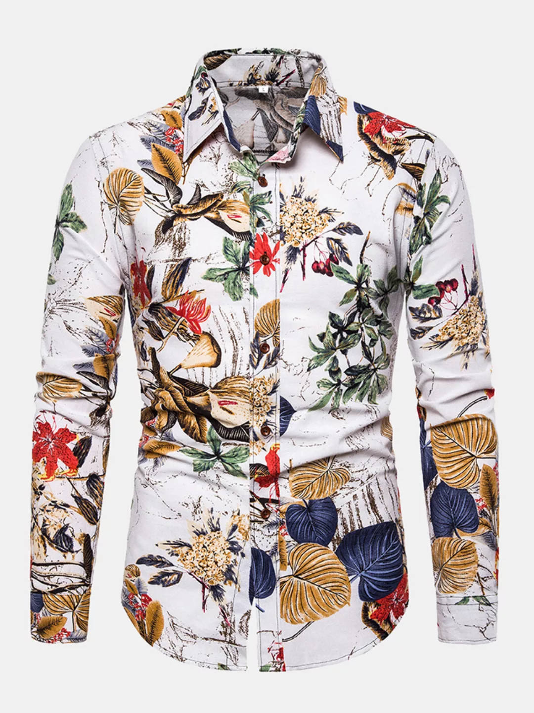 Mens Leaves Blumendruck Flachs Atmungsaktiv Langarm Loose Fit Casual Shirt günstig online kaufen