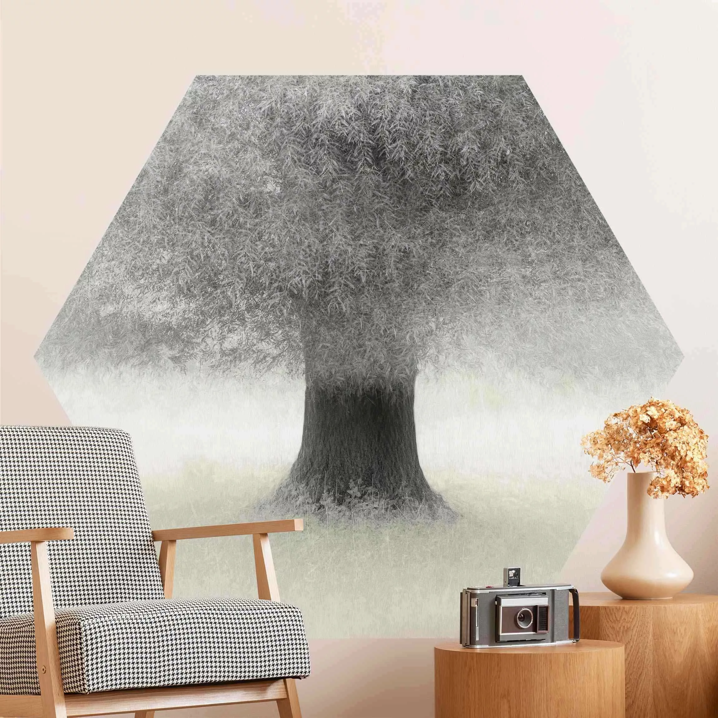 Hexagon Mustertapete selbstklebend Verträumter Baum in Weiß günstig online kaufen