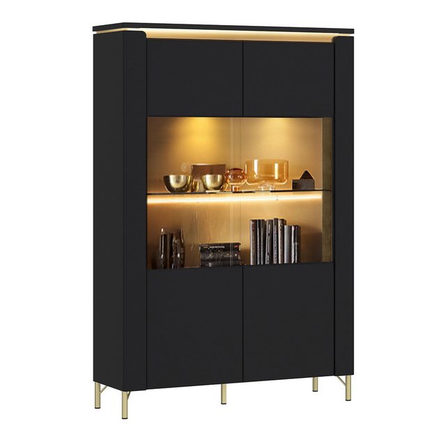 Lomadox Vitrine NOLA-129 Schwarz matt mit goldfarbenen Akzenten, Breite 110 günstig online kaufen