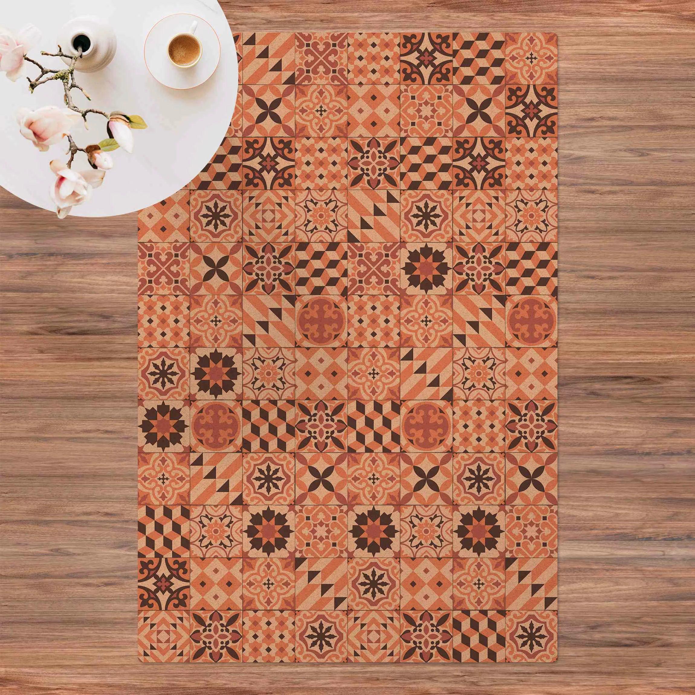 Kork-Teppich Geometrischer Fliesenmix Orange günstig online kaufen