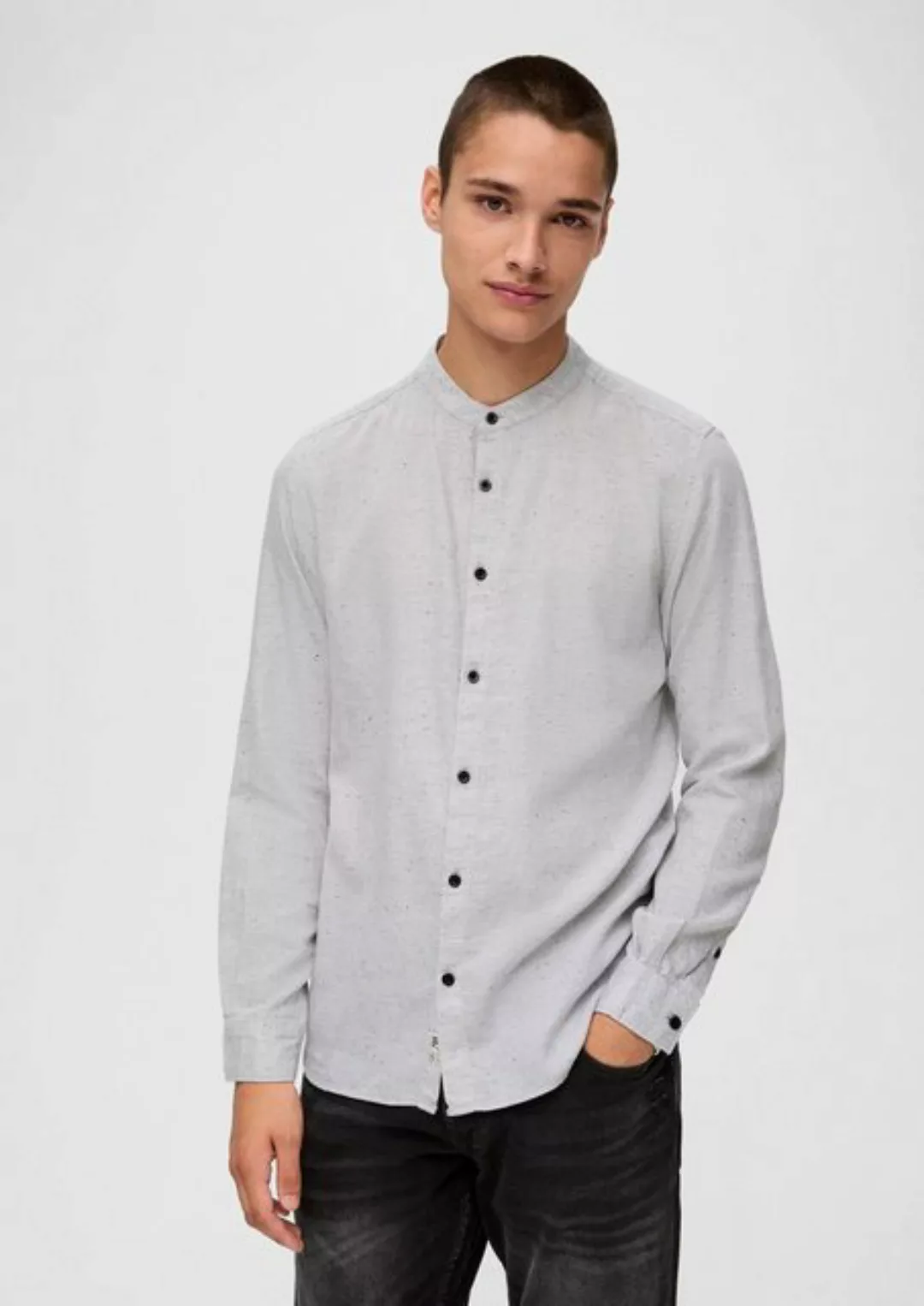 QS Langarmhemd Slim: Meliertes Hemd mit Stehkragen günstig online kaufen