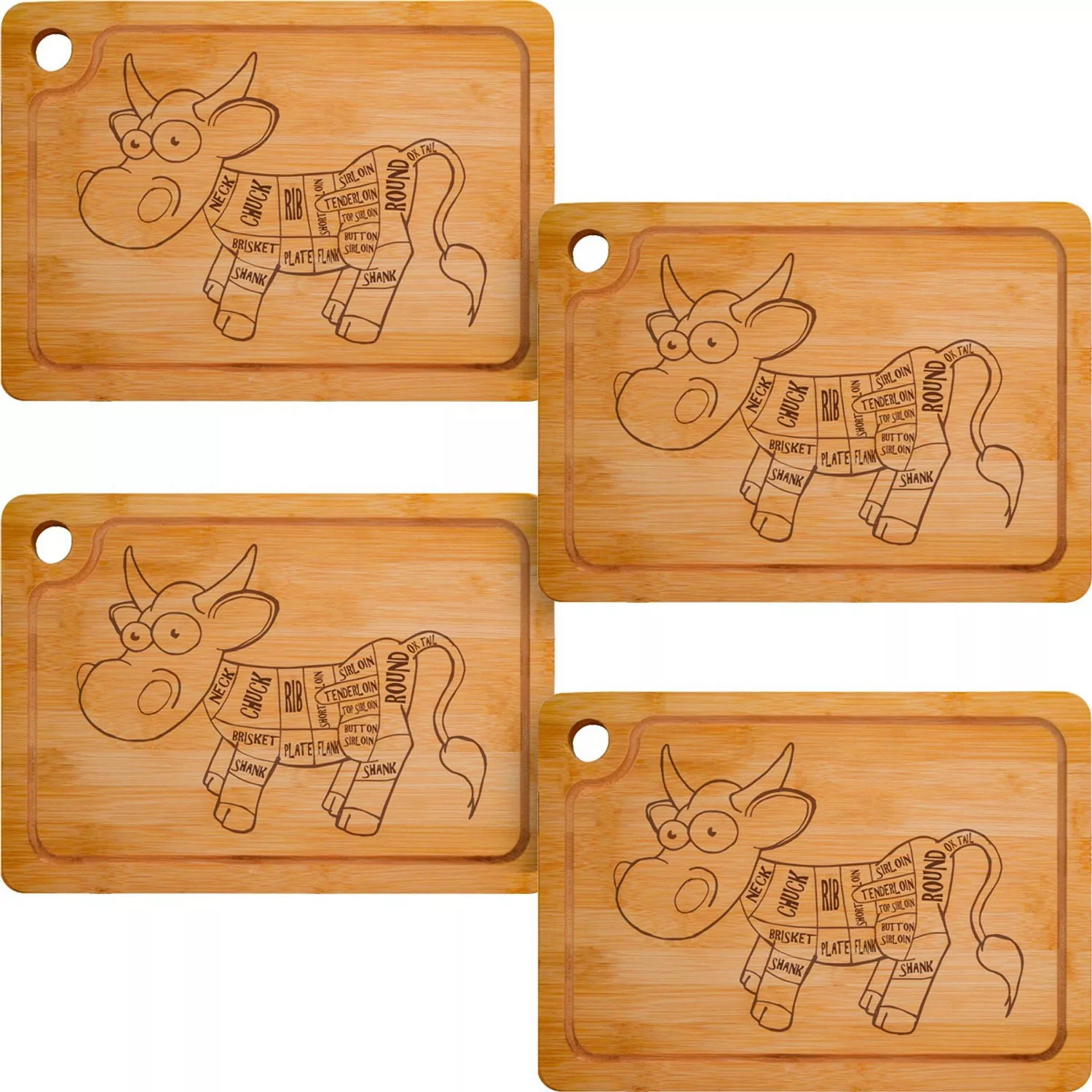 DuneDesign 4er Set Steakteller aus Bambus 33 x 23 x 2cm Motiv Comic-Kuh günstig online kaufen