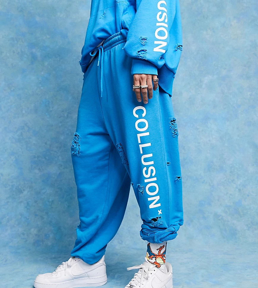 COLLUSION – Zerrissene Oversize-Jogginghose in Blau mit Logo, Kombiteil günstig online kaufen