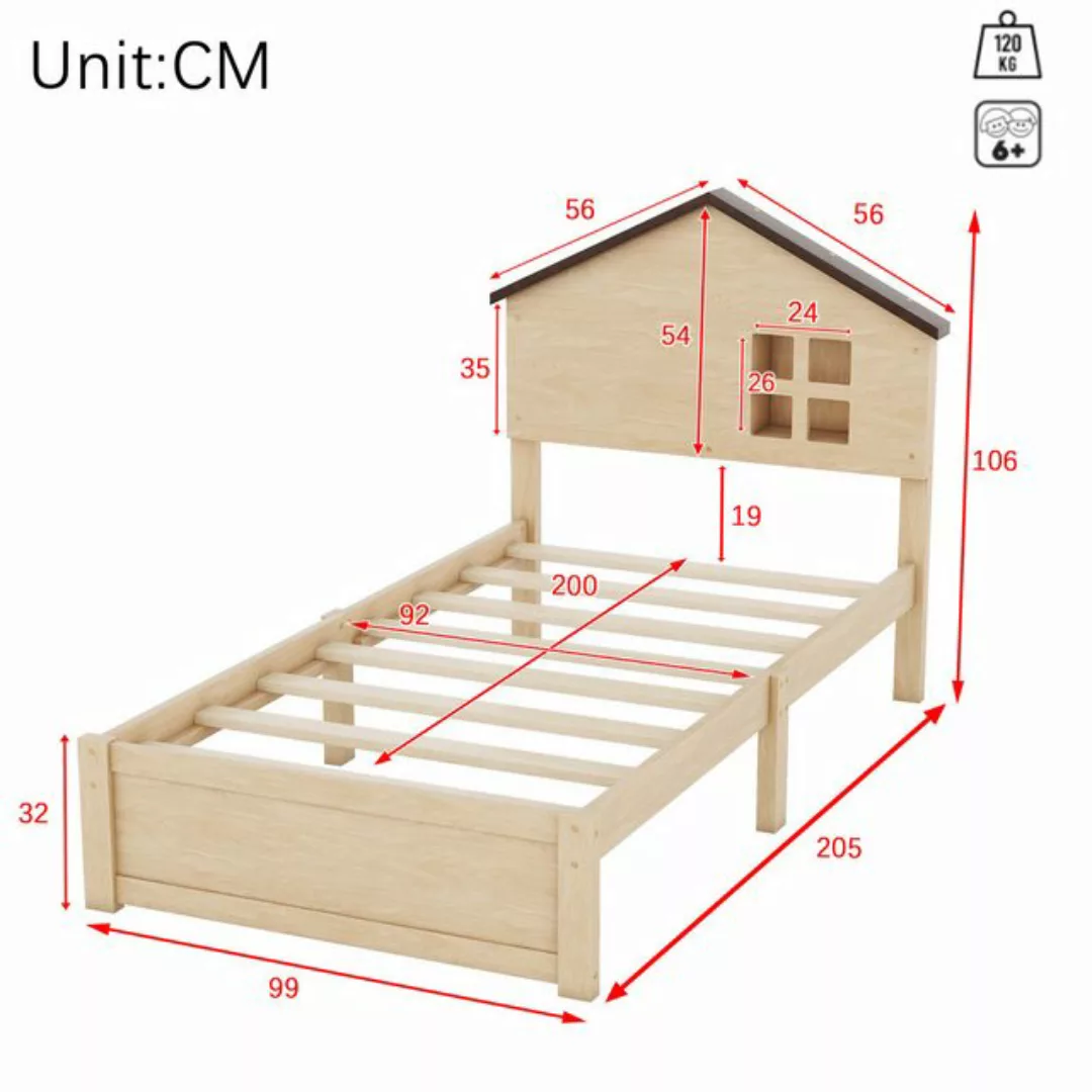 Odikalo Kinderbett Holzbett Hausform Fenster LED-Licht Massivholz Natur/Wei günstig online kaufen