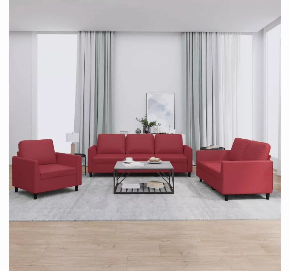 vidaXL Sofa, 3-tlg. Sofagarnitur mit Kissen Weinrot Kunstleder günstig online kaufen