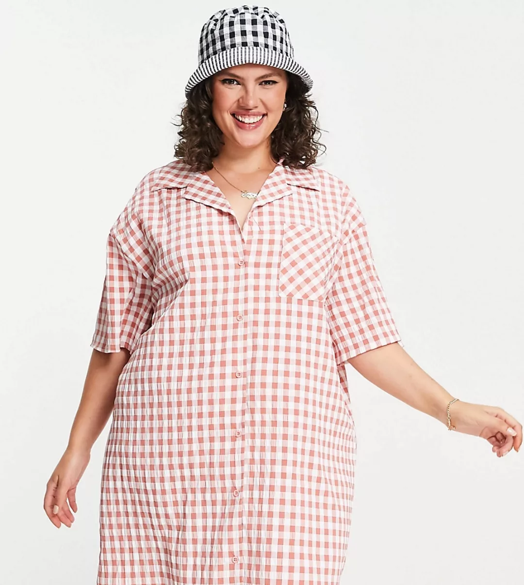 Lola May Plus – Mini-Hemdkleid mit Reverskragen und Vichykaro-Rot günstig online kaufen