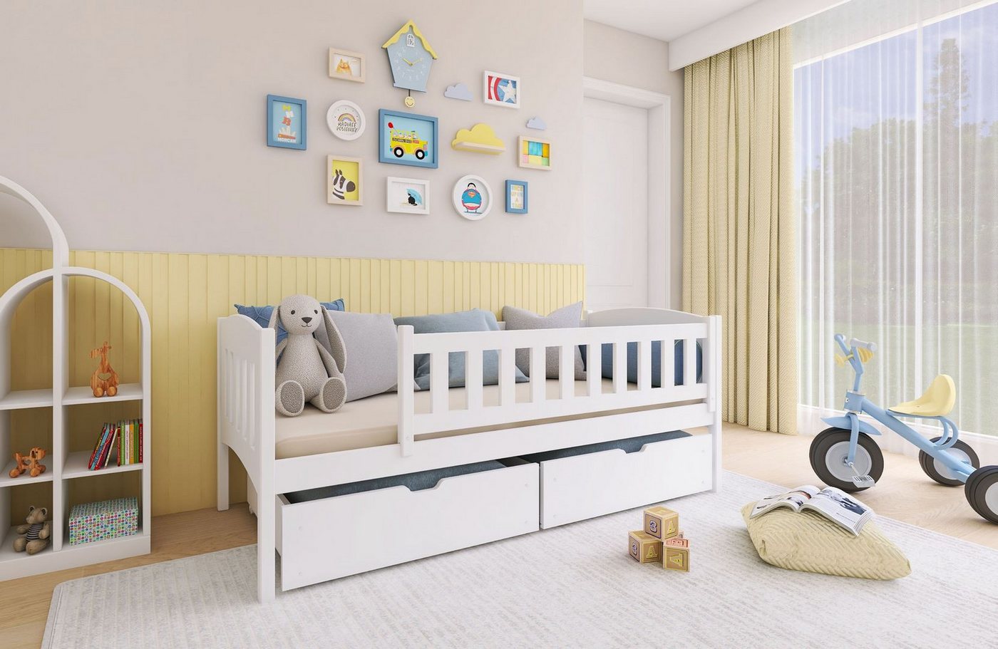 thematys Kinderbett 90x200 cm in Weiß – Einzelbett mit 2 Schubladen, mit Ra günstig online kaufen