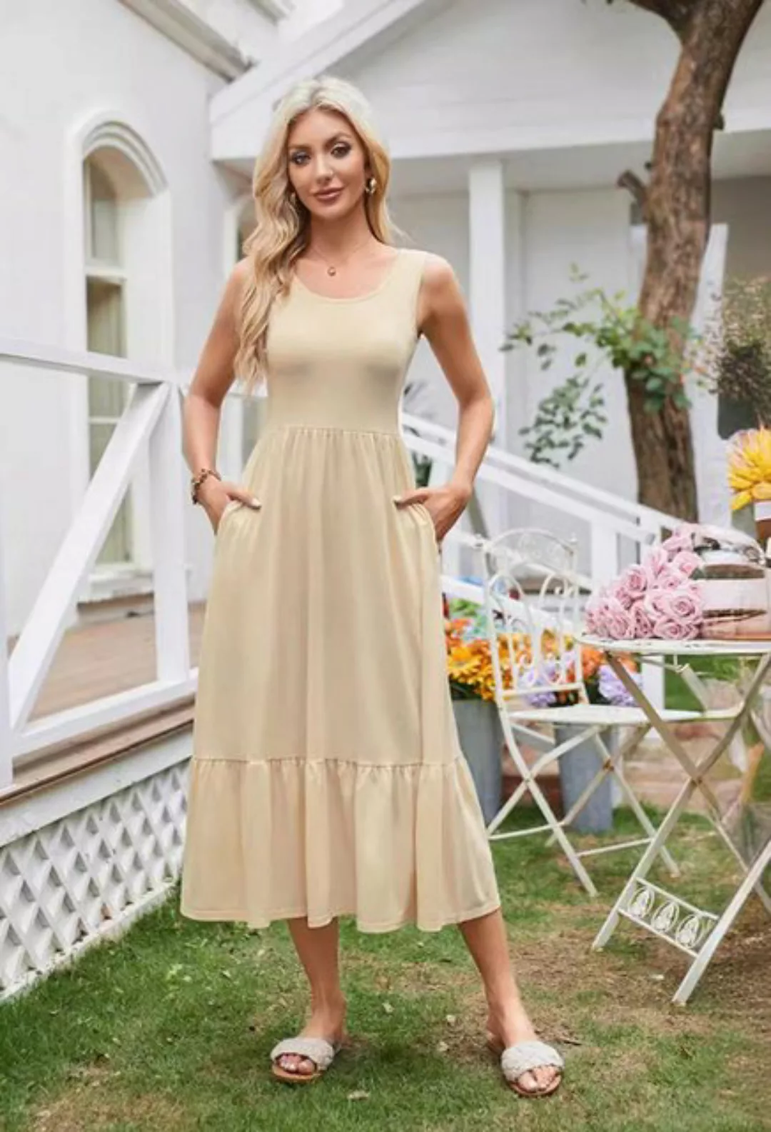 SEGUEN Sommerkleid Damen Quadratischer Ausschnitt Geraffter Saum Ärmellose günstig online kaufen