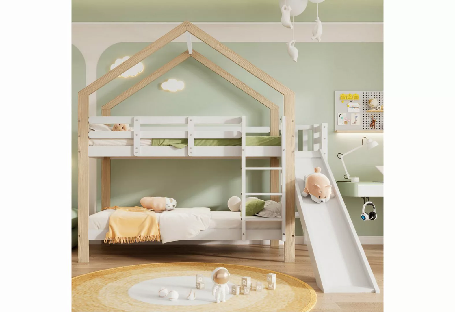 WISHDOR Etagenbett 90x200 cm Holzbett Hausbett Kinderbett (mit Absturzsiche günstig online kaufen