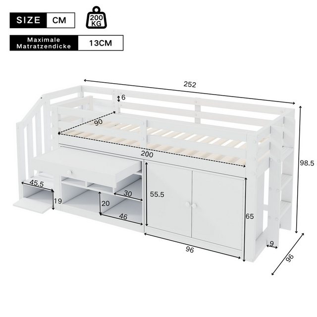 Flieks Hochbett Massivholz Kinderbett mit Schrank, Treppe und Leiter 90x200 günstig online kaufen