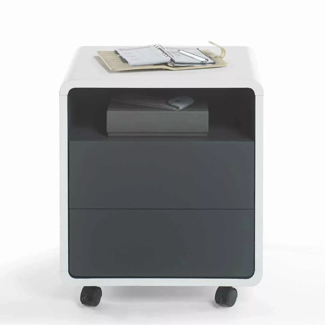 Schreibtisch Rollcontainer in Weiß Anthrazit mit offenem Fach günstig online kaufen