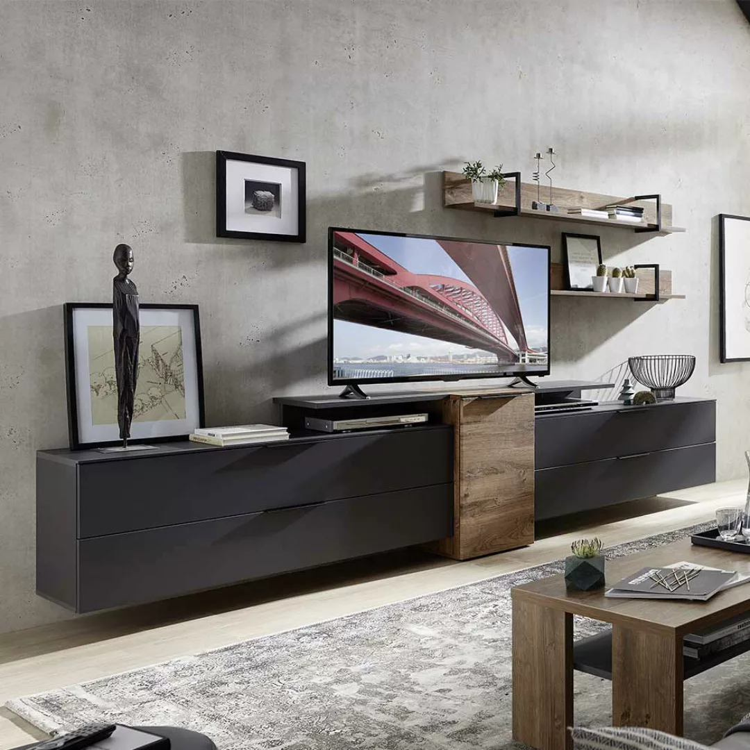 Design Wohnwand in Dunkelgrau und Eiche dunkel Optik 320 cm breit (fünfteil günstig online kaufen