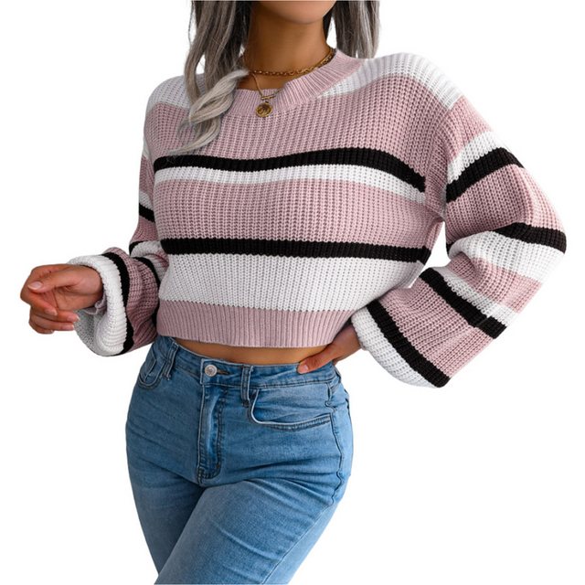 Mayou Streifenpullover Damen Farbeblock Langarm Rundhals Strickpullover Ges günstig online kaufen