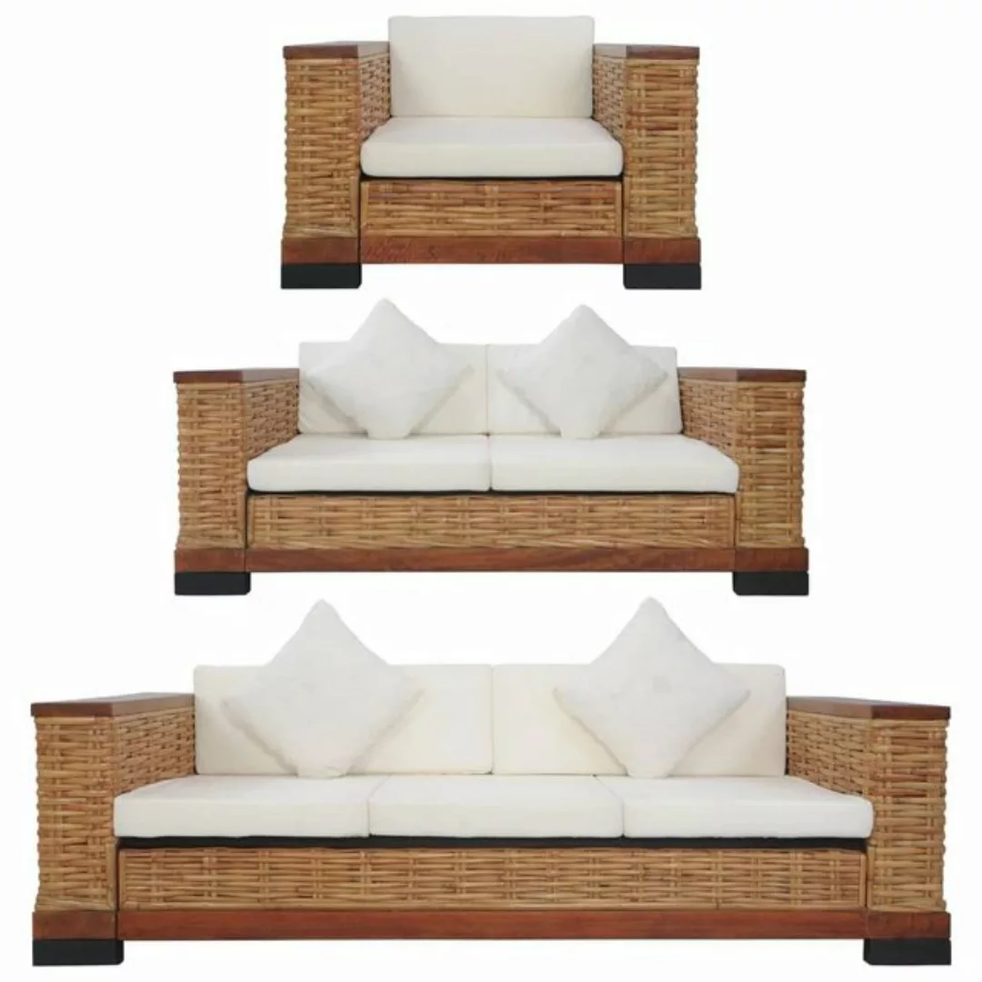 furnicato Sofa 3-tlg. Sofagarnitur mit Auflagen Braun Natur Rattan günstig online kaufen