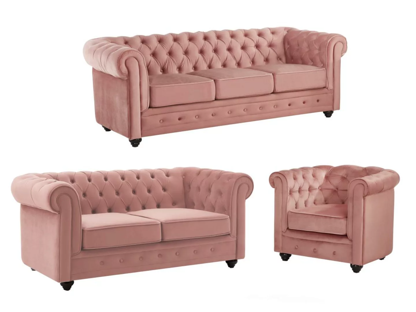 Sofa 3-Sitzer & 2-Sitzer & Sessel - Samt - Pastellrosa - CHESTERFIELD günstig online kaufen