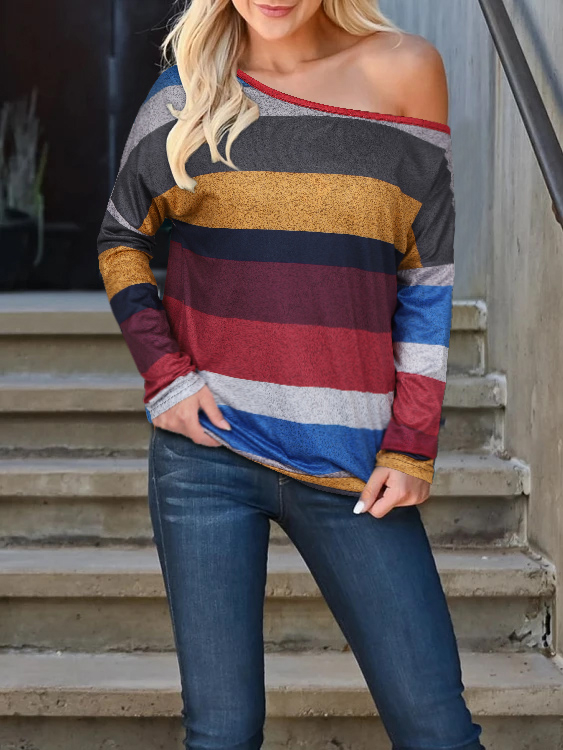 YOINS Color Block Striped One Schulter-Langarm-T-Shirt günstig online kaufen