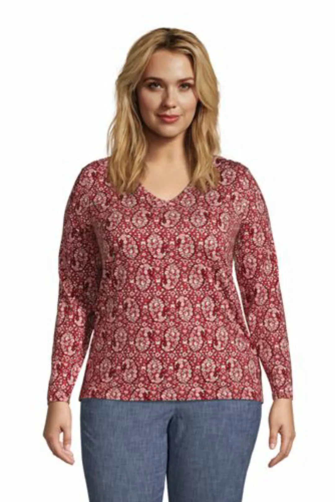 Supima Langarm-Shirt mit V-Ausschnitt in großen Größen, Damen, Größe: 56-58 günstig online kaufen