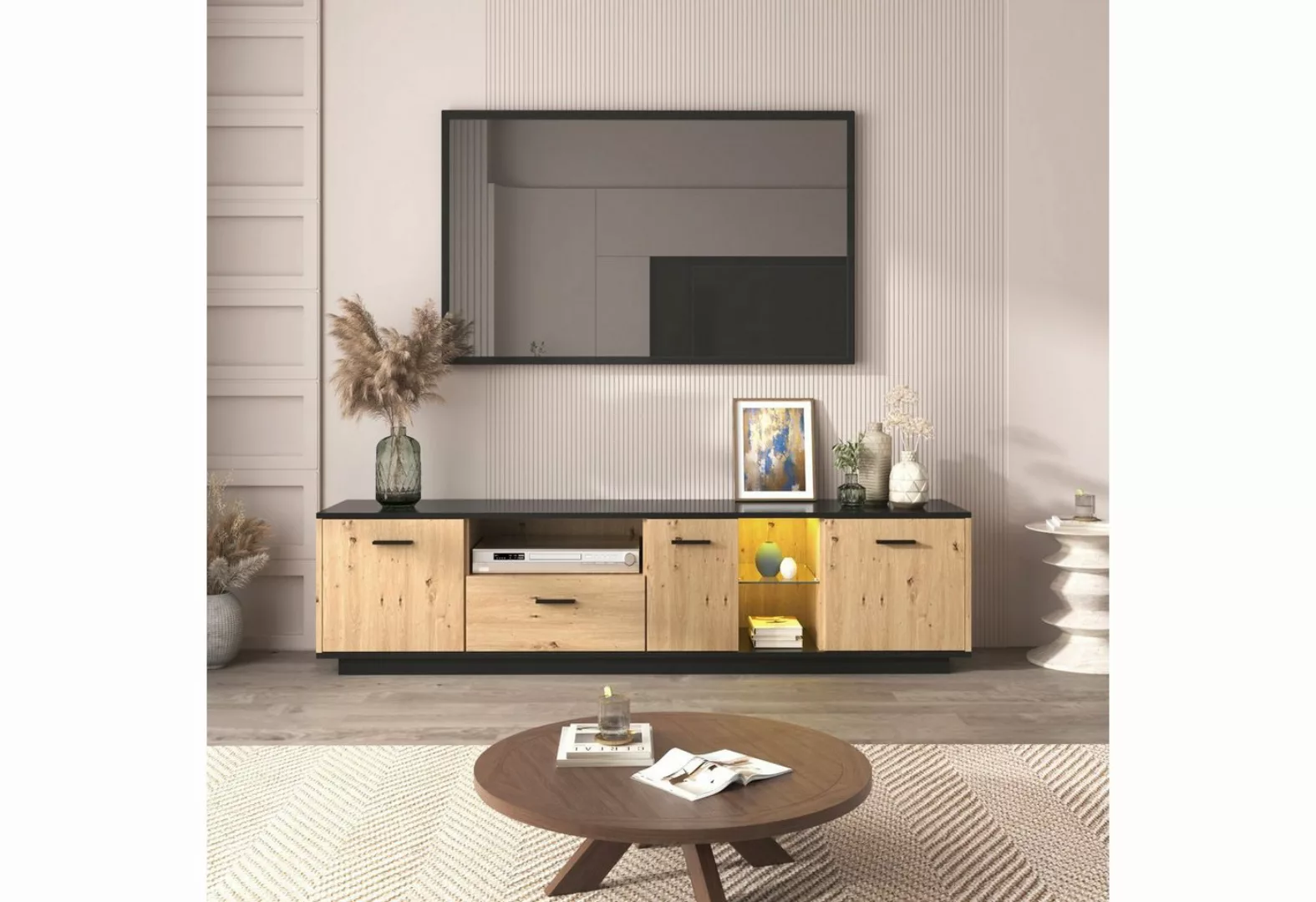 Odikalo TV-Schrank Sideboard TV-Board Lowboard Holzfarben 15 LED Glasregale günstig online kaufen