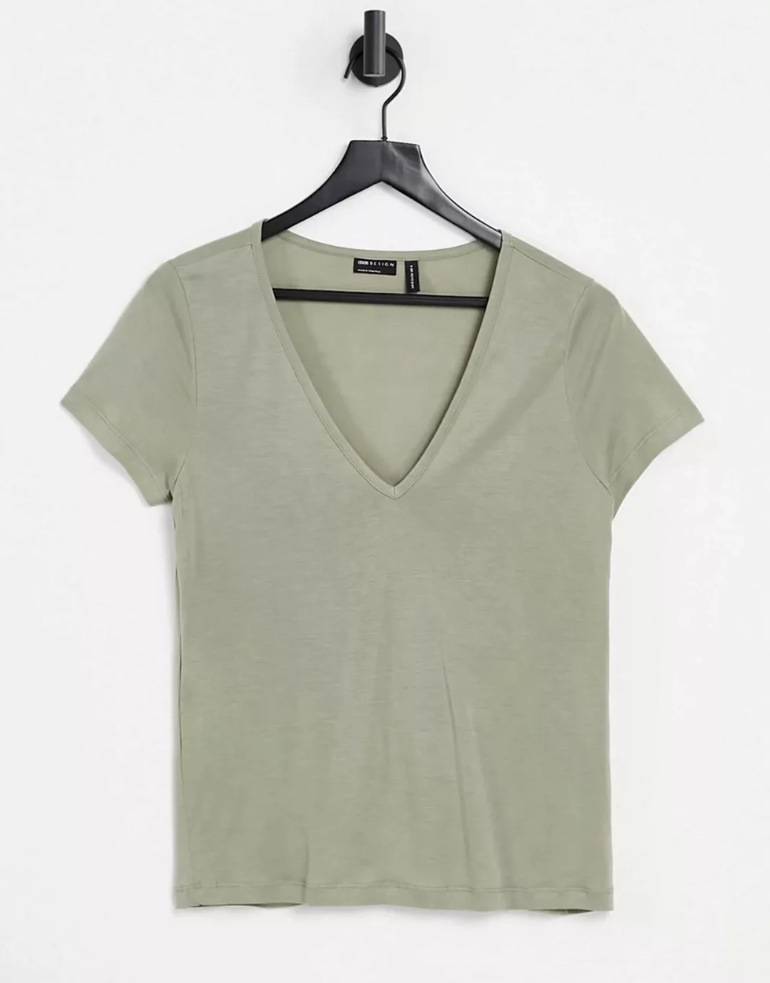 ASOS DESIGN – Lockeres T-Shirt mit V-Ausschnitt in Olivgrün günstig online kaufen
