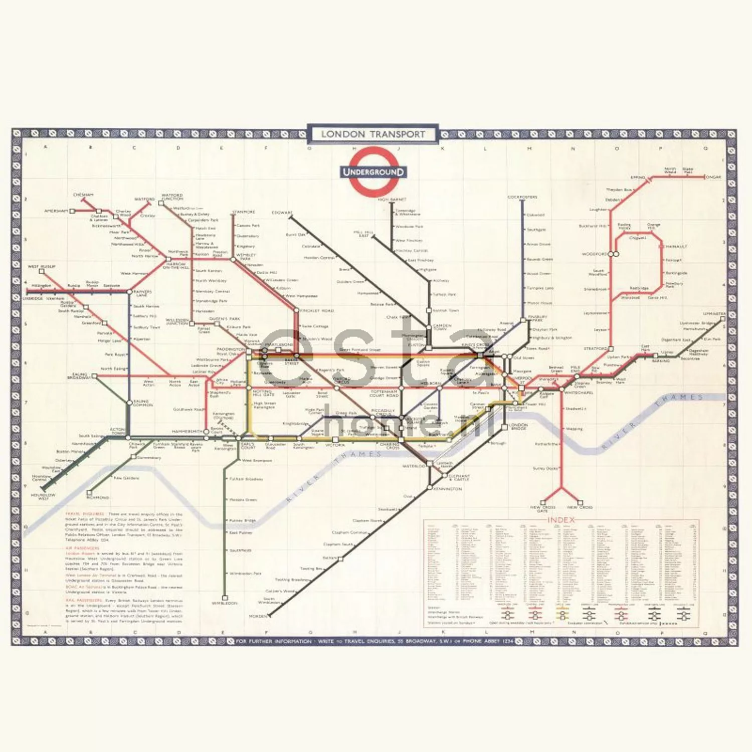 ESTAhome Fototapete Londoner U-Bahn-Karte Beige Rot und Blau 2,79 x 2,79 m günstig online kaufen