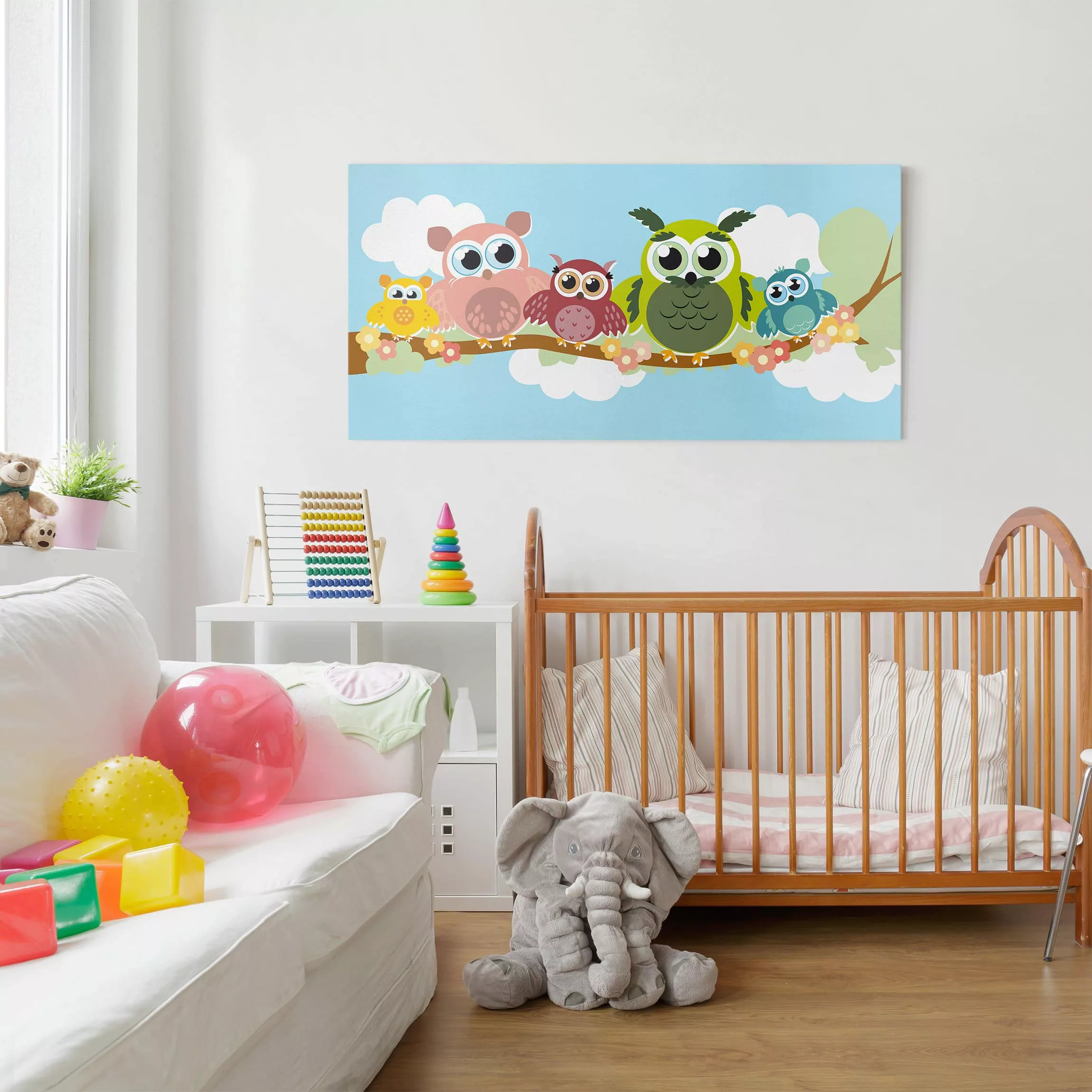 Leinwandbild Kinderzimmer - Querformat Eulenfamilie günstig online kaufen