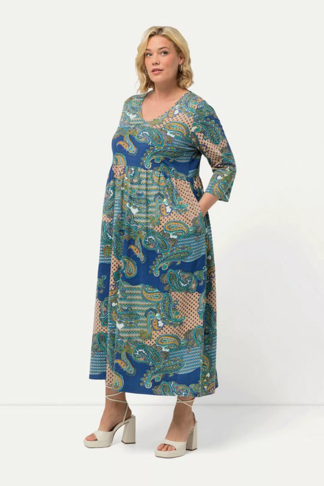 Ulla Popken Sommerkleid Jerseykleid Paisleymuster A-Linie V-Ausschnitt günstig online kaufen