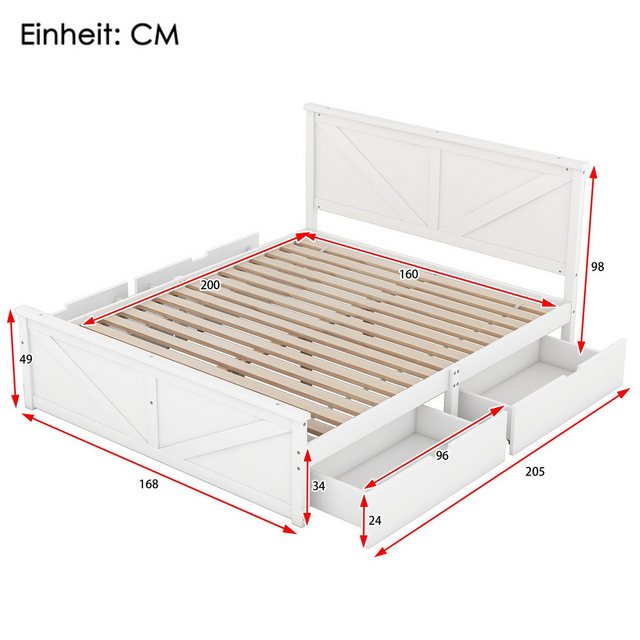 Welikera Bett 160x200cm Einfaches Holzpritschenbett mit vier Schubladen,Gra günstig online kaufen