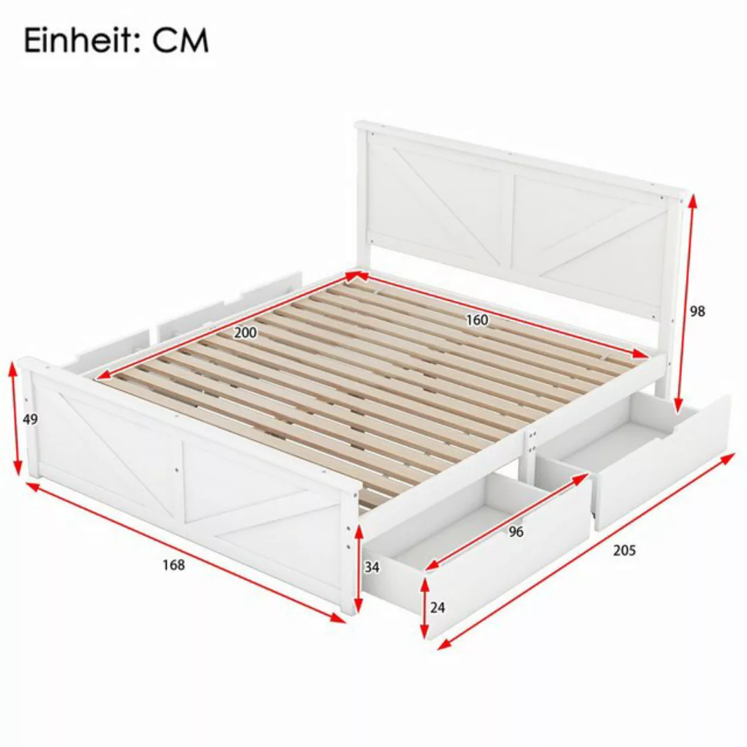 Welikera Bett 160x200cm Einfaches Holzpritschenbett mit vier Schubladen,Gra günstig online kaufen