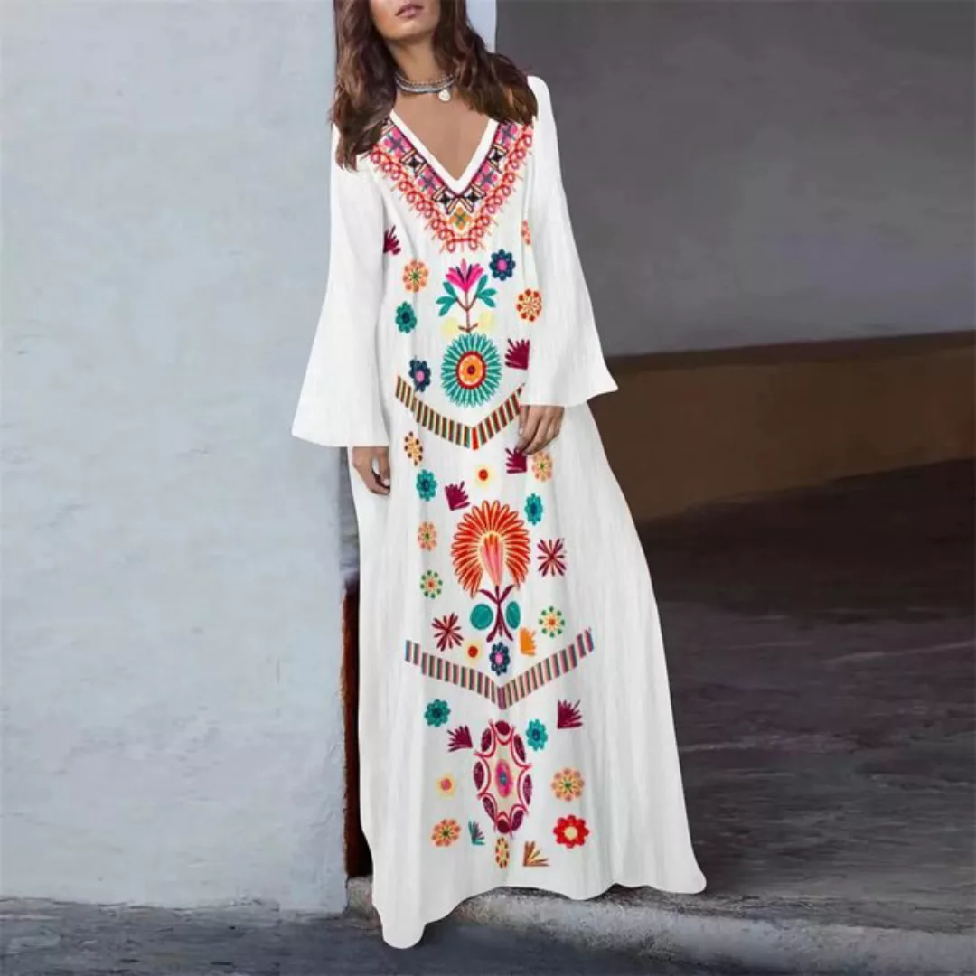 RUZU UG Dirndl Damen Bohemian-Quasten-langes Kleid, bedrucktes Kleid mit V- günstig online kaufen