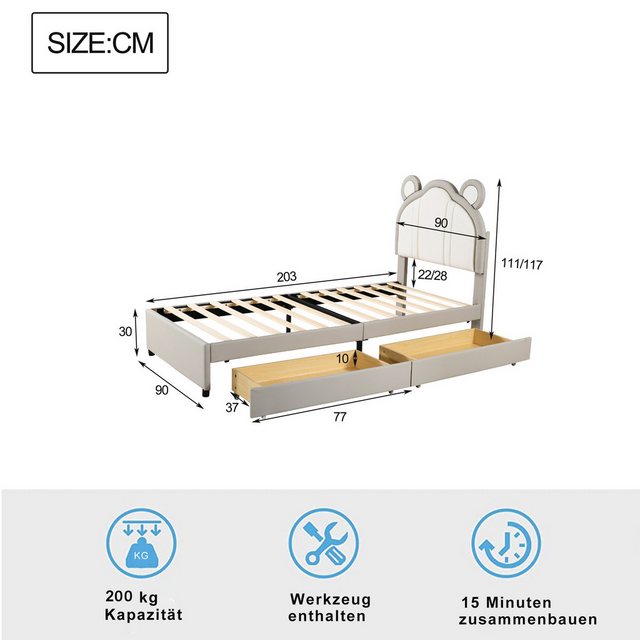 Flieks Polsterbett, Einzelbett 90x200cm mit niedlichen Ohrformen und 2 Schu günstig online kaufen