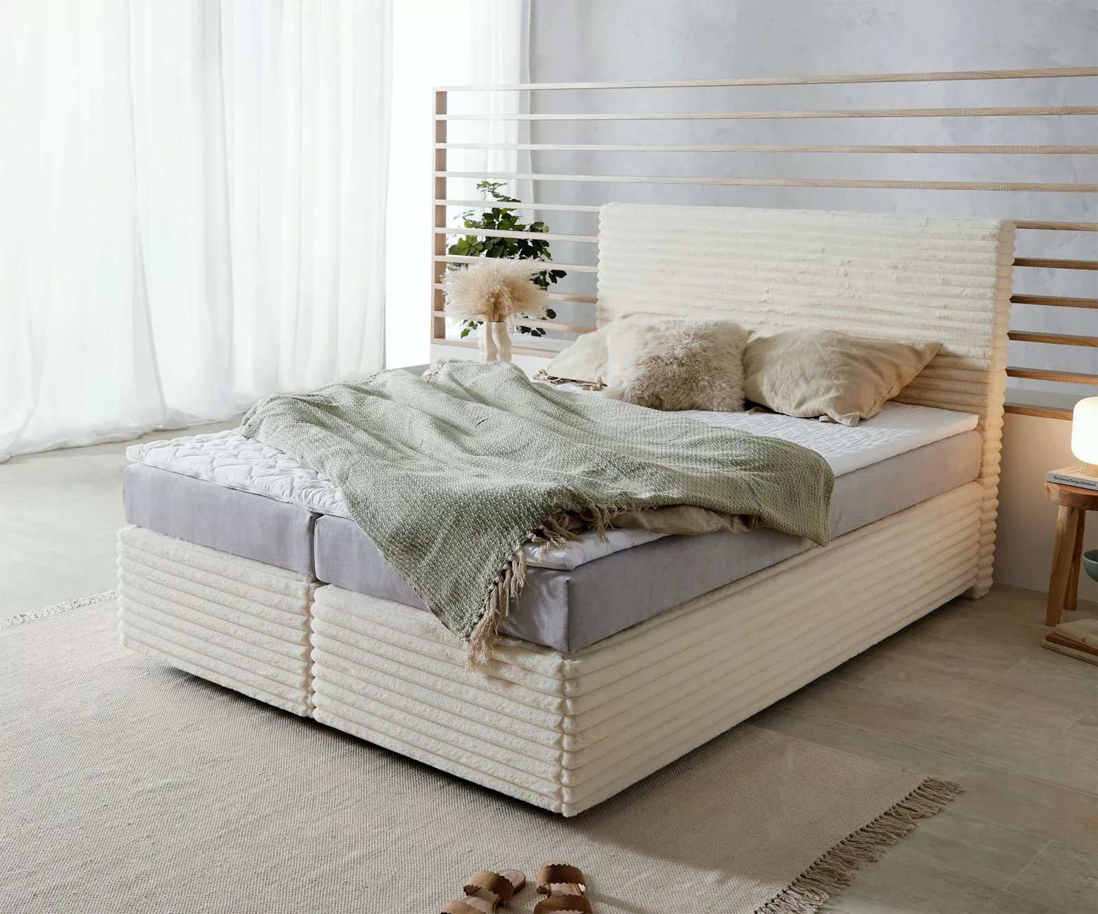 DELIFE Boxspringbett Dream-Well, Bouclé Creme-Weiß 140x200 cm mit Matratze günstig online kaufen