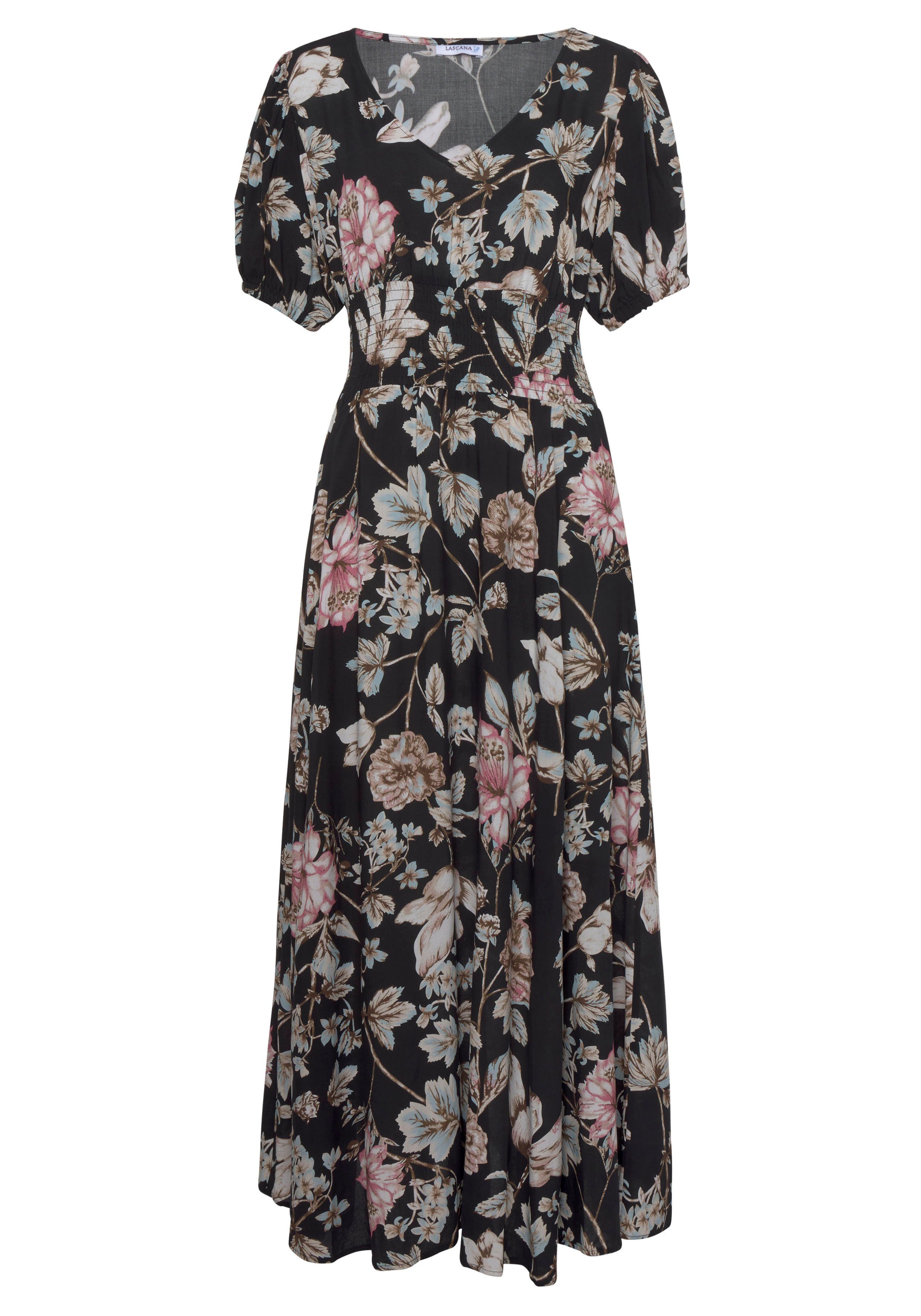 LASCANA Maxikleid, mit Blumendruck und leichten Puffärmeln, Sommerkleid, ca günstig online kaufen