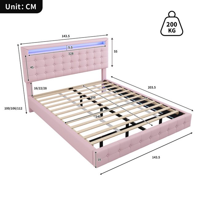 Flieks Polsterbett, LED Doppelbett Schwebebett 140x200cm mit hochstellbarem günstig online kaufen