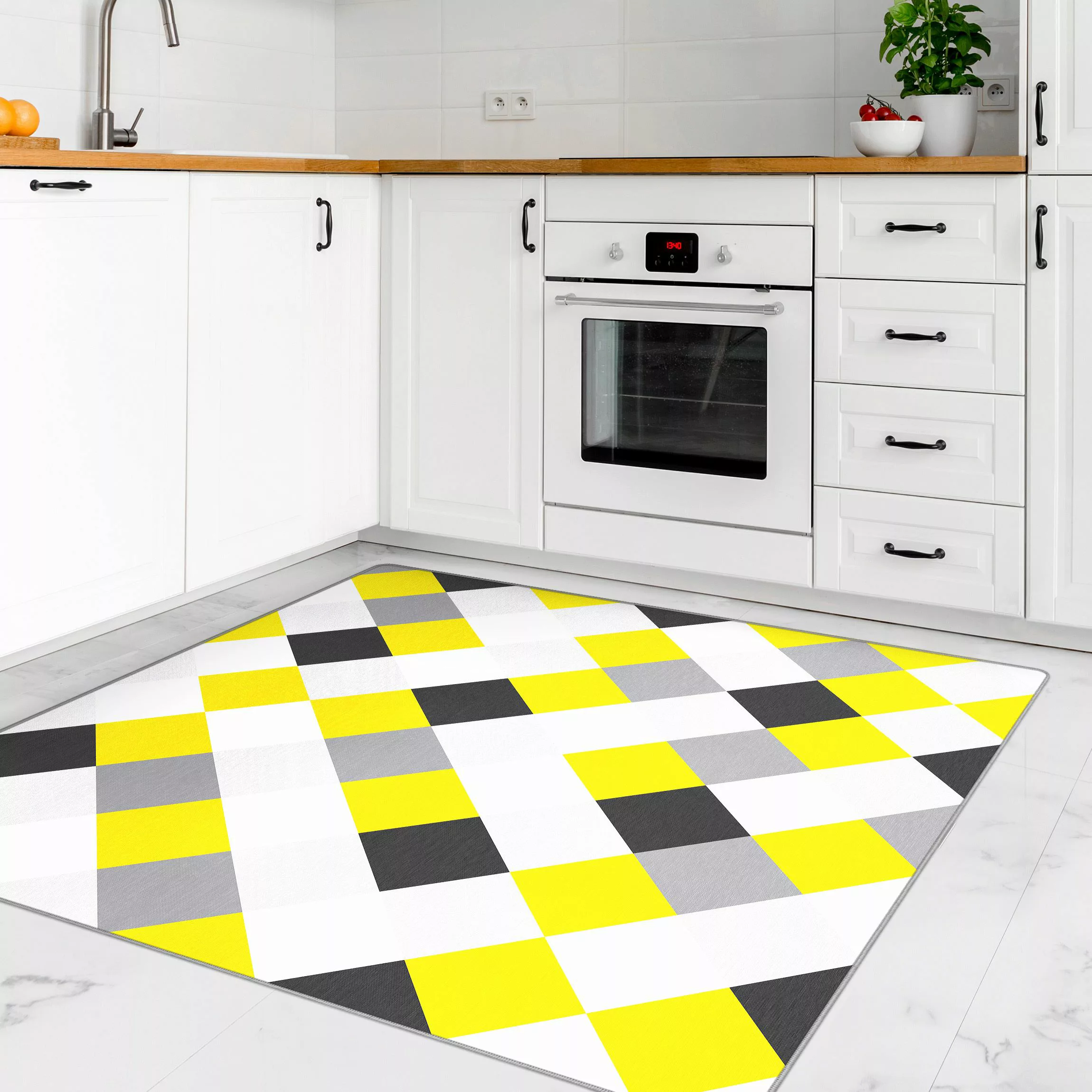Teppich Geometrisches Muster gedrehtes Schachbrett Gelb günstig online kaufen