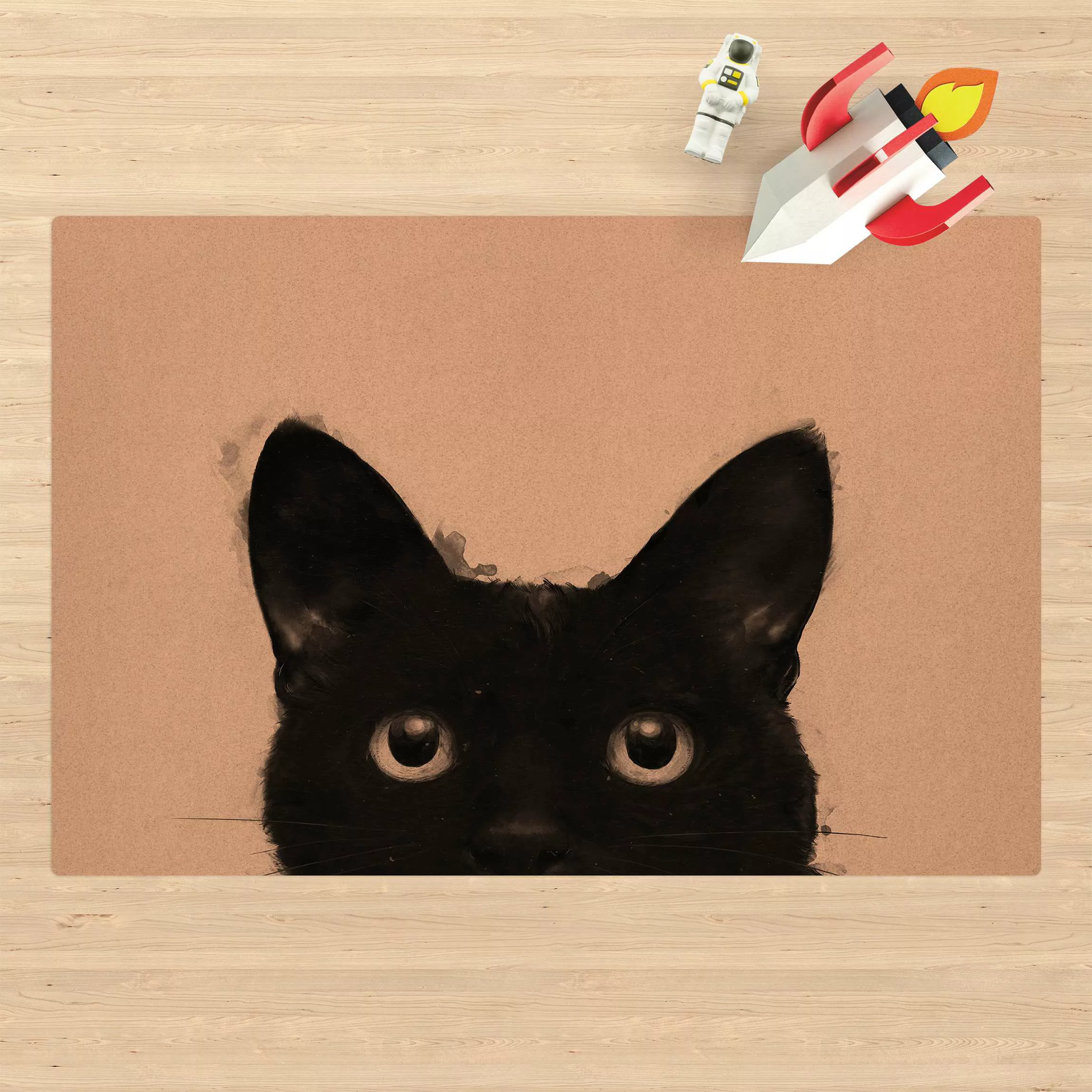 Kork-Teppich Illustration Schwarze Katze auf Weiß Malerei günstig online kaufen