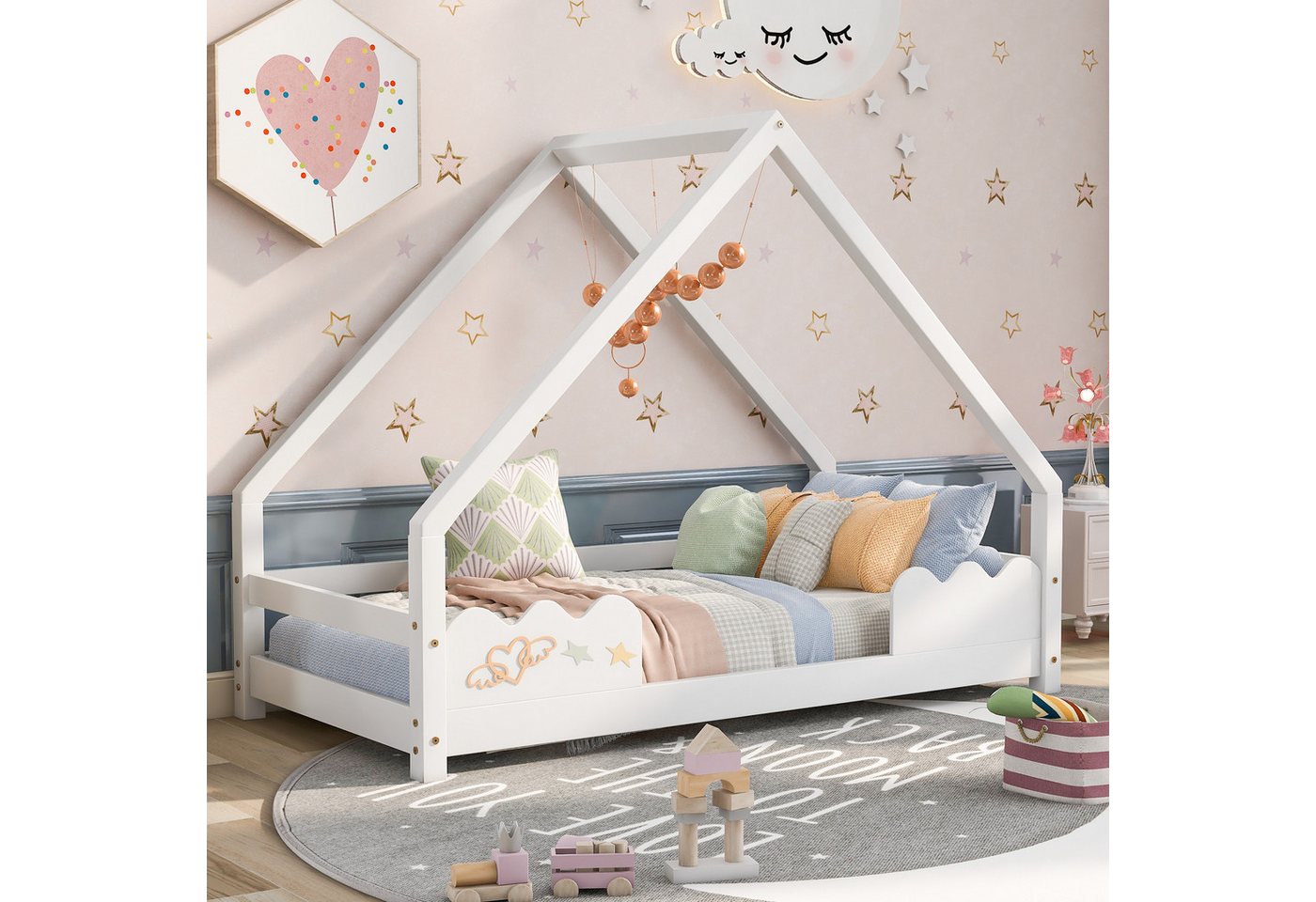 Flieks Kinderbett, Hausbett Kiefernholz Jugendbett 90x200cm günstig online kaufen